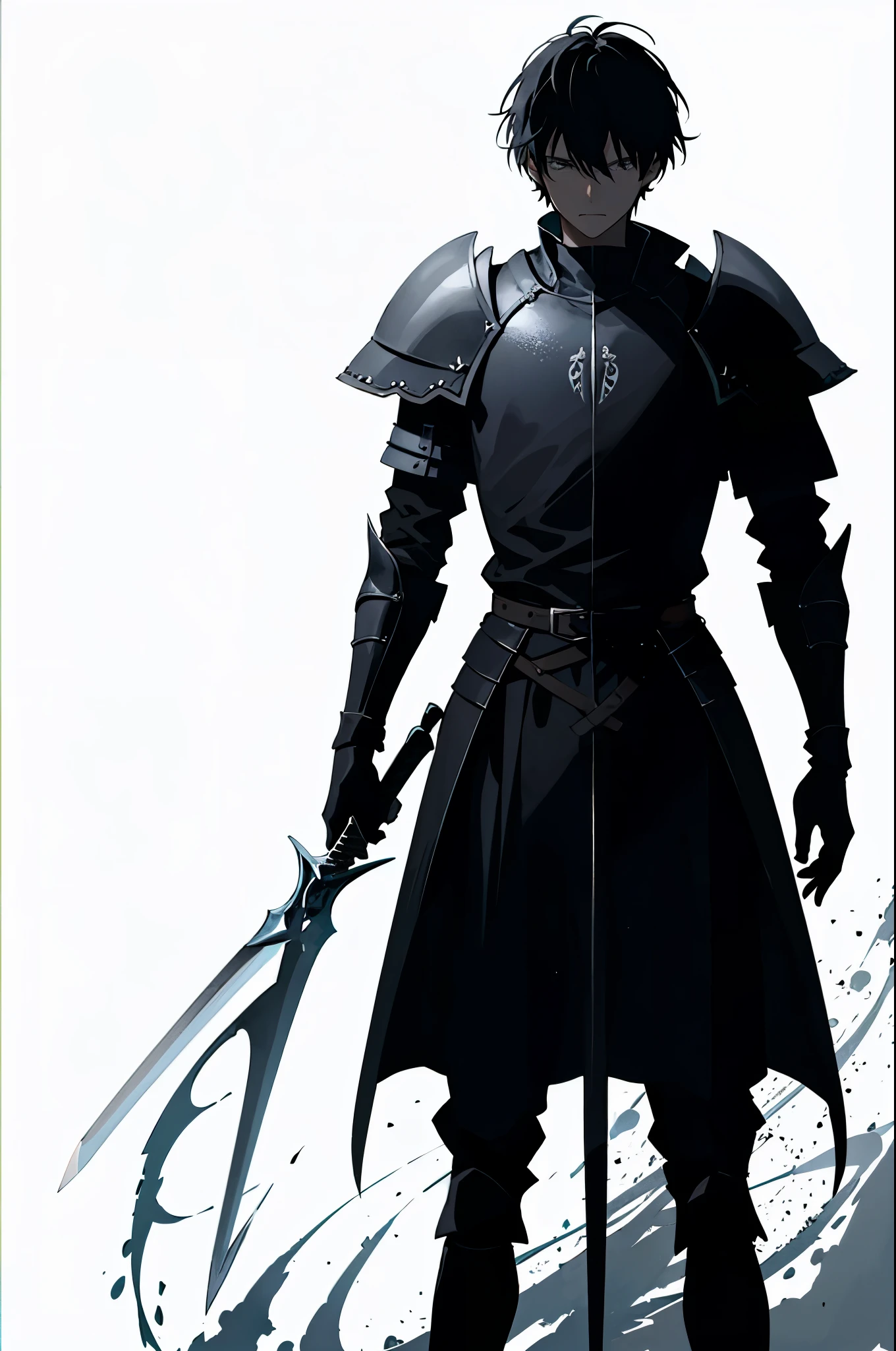 Silhouette of a person in medieval armor holding a sword, standing against a plain background, bold and slim lines, brush strokes
