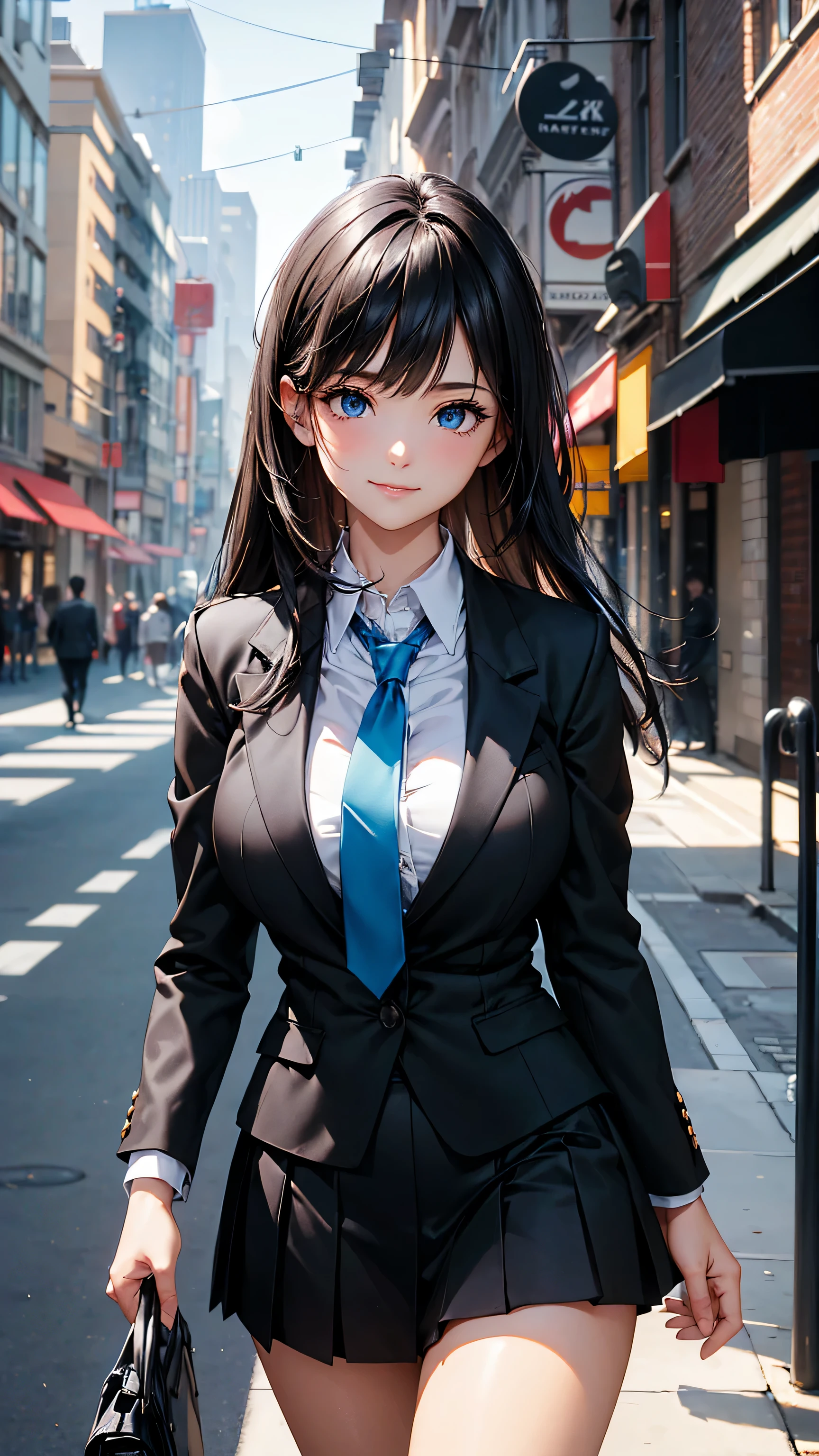 (best quality:1.3), (Complete details:1.5) , (Eye details:1.2), (Shadow details:1.2), (sharpness:4k), one young woman, College Girl, Very big breasts, Cup Bust:H, Student uniform, black short skirt, white shirt, Chest groove, bright blue eyes, sparkling eyes, brownish black hair, walking street background, wave hello, Smiling slightly, shy, long hair, cute, beautiful, Look at the audience., necktie, Black suit shirt, (hand details:1.1), (brightness:1.3), (Masterpiece:1.5)