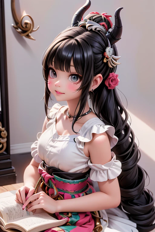 a cute mexican horned serpent demoness, mexican ethnic, mexican prehispanic clothing, aztec ceremonial dress