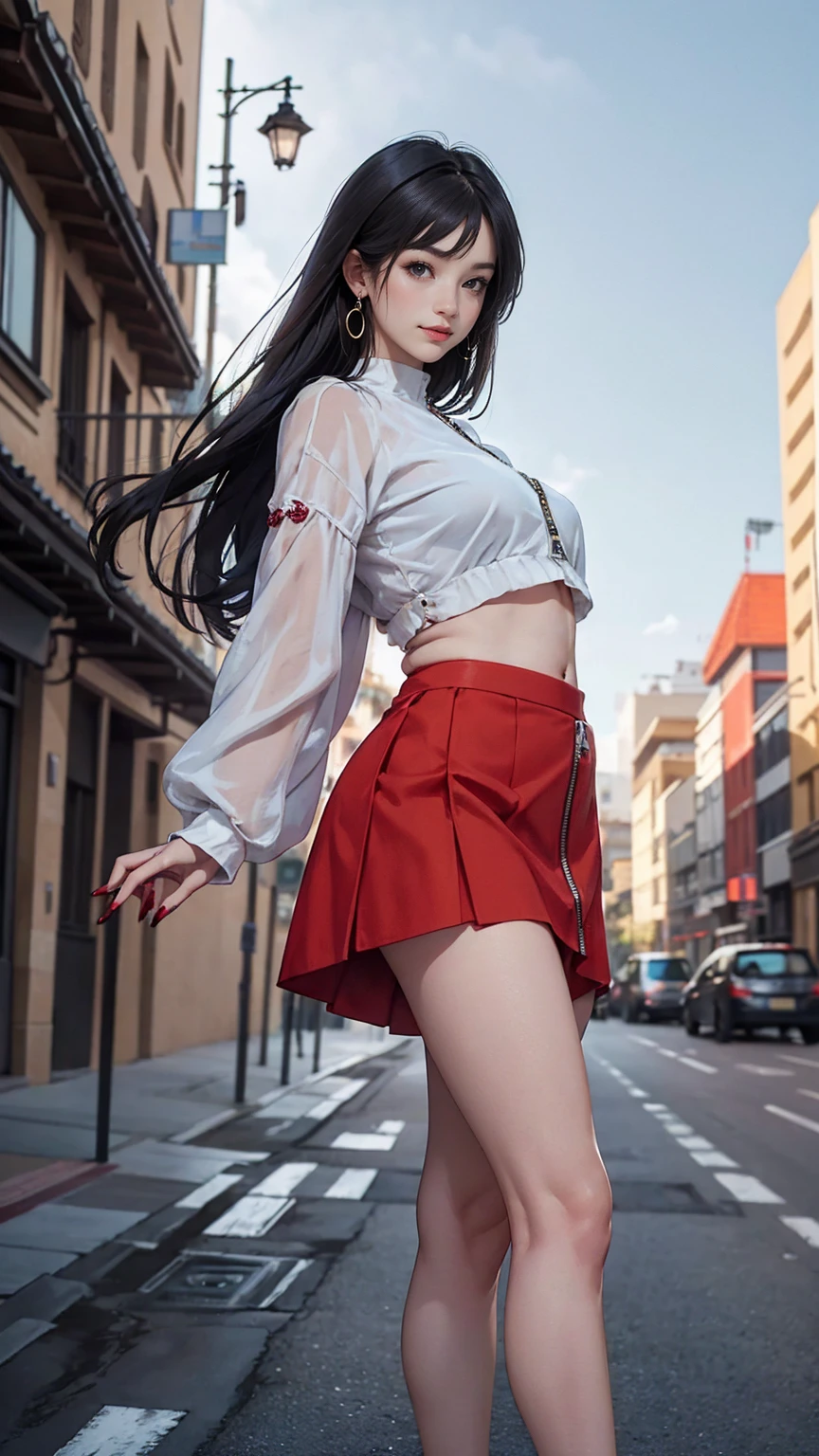 ((最high quality, 8K, masterpiece: 1.3, Ultra HD, high quality, 最high quality, High resolution, realism)) 、25 year old white woman、brunette、blue eyes、long hair、straight hair、髪の毛がbrunetteからパープルのグラデーションカラー、smile、Slender but well-proportioned muscular body、I don&#39;t want my head to disappear from the screen.、Wearing red nail polish、I have a peticure、Wearing a high-neck zipper-up top、No sleeve、I can see the belly button、My abs are cracked、She&#39;s wearing a mini pleated skirt、wearing high heels、smile、I am on a road surrounded by skyscrapers in a big city、Low - Angle