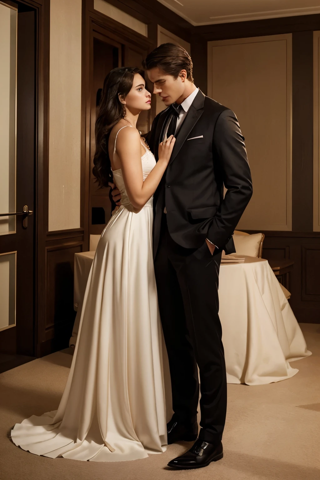 A book cover image for Romance genre where a man in suit is standing with a woman in a dress and they are in a very close position and only from neck down is shown