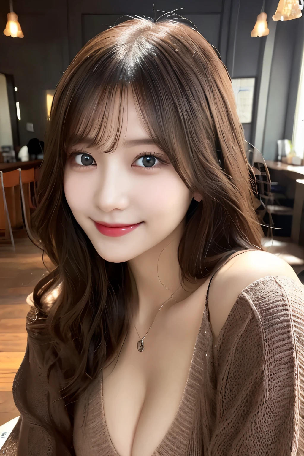 (realistic, table top, highest quality, Raw photo, Self snap:1.3)、1 girl, alone, 30 years old、long hair, brown hair, detailed face, fascinating face, detailed beautiful eyes,(The thin sweater that kills virginity,No sleeve,cleavage cutout :1.2), (covered nipples:0.9),medium breasts,side boob, dynamic pose, (looking at the viewer, Front view,focus of the eye:1.2), detailed background, Detailed, intricate details, ray tracing, Depth of the bounds written, enchanting smile