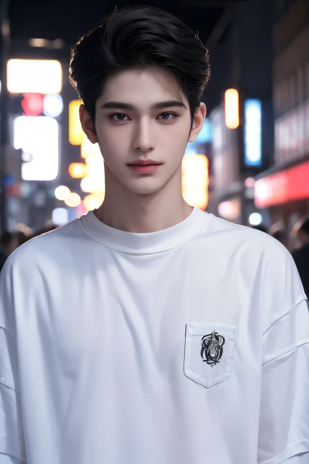 ((highest quality, 8K, masterpiece: 1.3)), New York City、Handsome boy in street fashion:1.5, 20-year-old、Delinquent boy、 well-groomed face, black hair color、thin face、（white skin:1.5）、whole body、black eyes、Super handsome、sexy eyes、Extra-fine face, handsome nose, small eyes and face, beautiful lighting, High resolution, detailed mouth, smile, whole body: 1.5, perfect body shape、super slim，medium hair、STUSSY clothes、silver accessories、Oversized clothes、