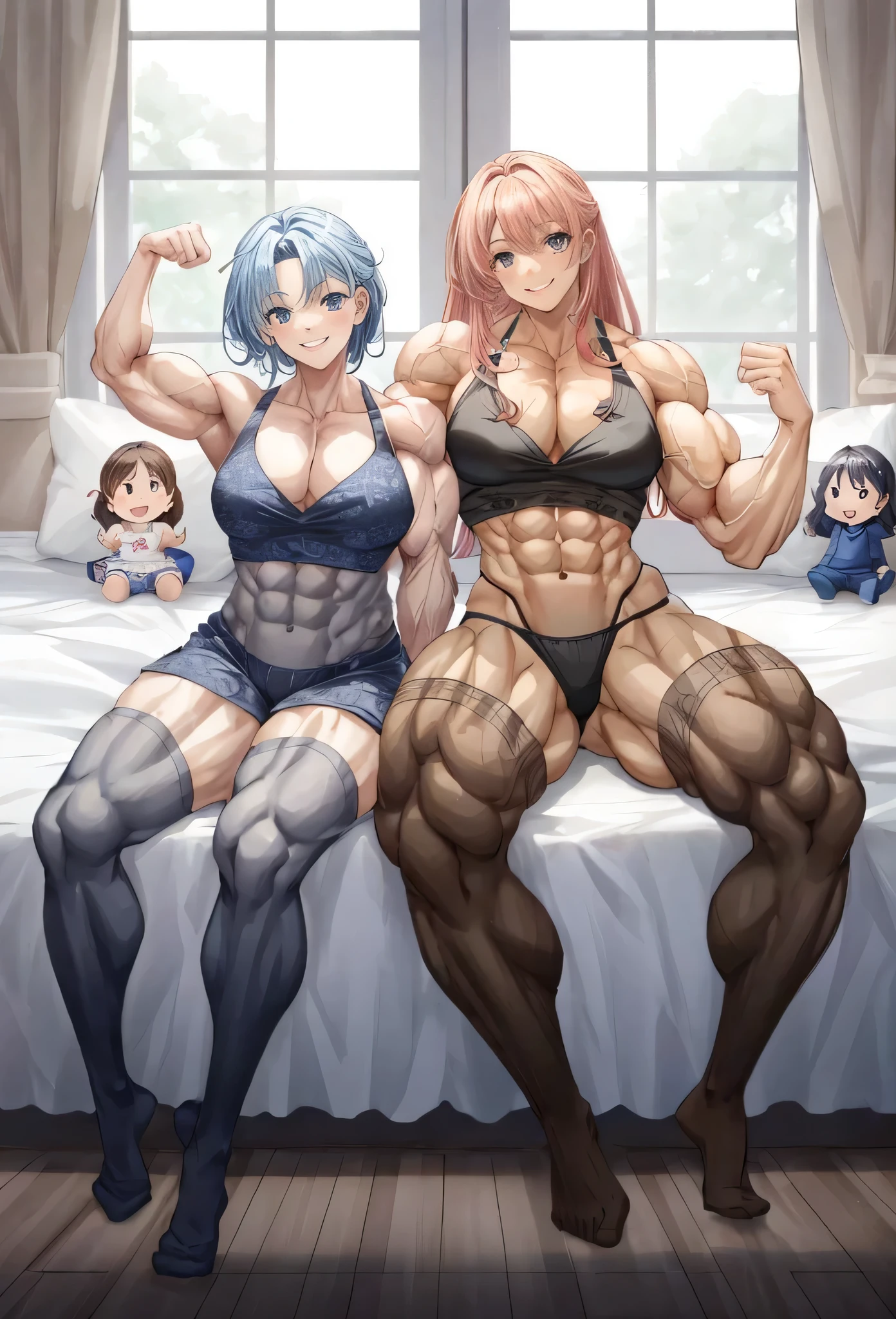 ,2girls,cute , muscular female, alternate muscle size,,muscular ,bed,biceps,babydoll,complex pattern,,muscular thighs,smile