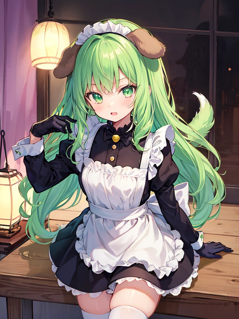 anime style dark thick outline,ultra detailed face,
cute boy,chou kawaii shota,light green hair,wavy long hair,dog ears,dog tail,wearing maid costume,gloves,