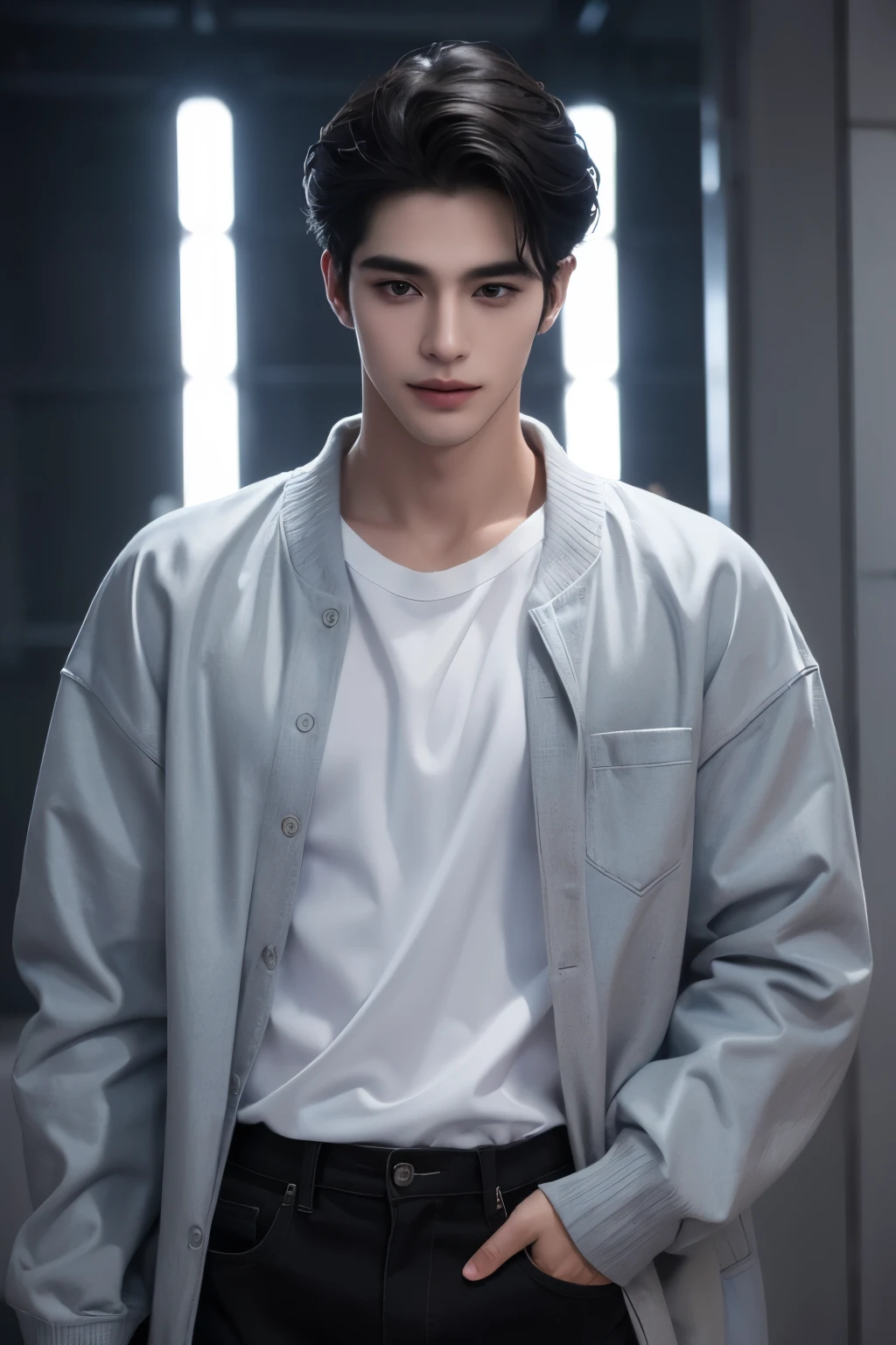 ((highest quality, 8K, masterpiece: 1.3)), New York City、Handsome boy in street fashion:1.5, 20-year-old、Delinquent boy、 well-groomed face, black hair color、thin face、(white skin:1.5)、whole body、beckoning、black eyes、Super handsome、sexy eyes、Extra-fine face, handsome nose, small eyes and face, beautiful lighting, High resolution, detailed mouth, smile, whole body: 1.5, perfect body shape、super slim,medium hair、STUSSY clothes、silver accessories、Oversized clothes、