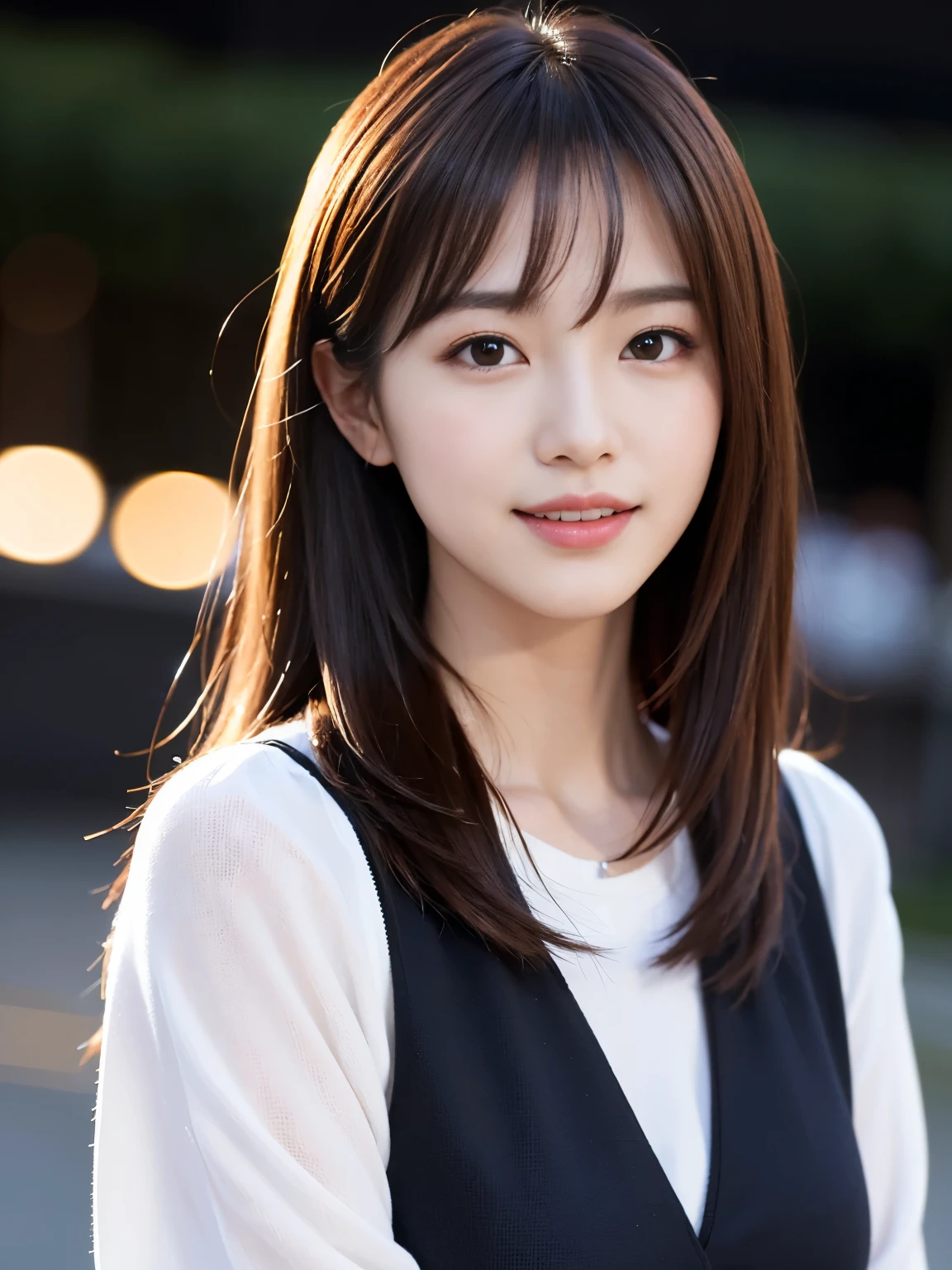 1 korean idol, (Raw photo, Best Quality), (Realistic, Photorealsitic:1.4), masutepiece, extremely delicate and beautiful, Extremely detailed, 8k wallpaper, amazing, finely detail, extremely detailed CG Unity, hight resolution, Soft light, Beautiful detailed 25 year old, extremely detailed eye and face, beautiful detailed nose, Beautiful detailed eyes,Cinematic lighting,city light at night,Slender,Smiling, (medium hair, hair messy, asymmetrical bangs, light brown hair)