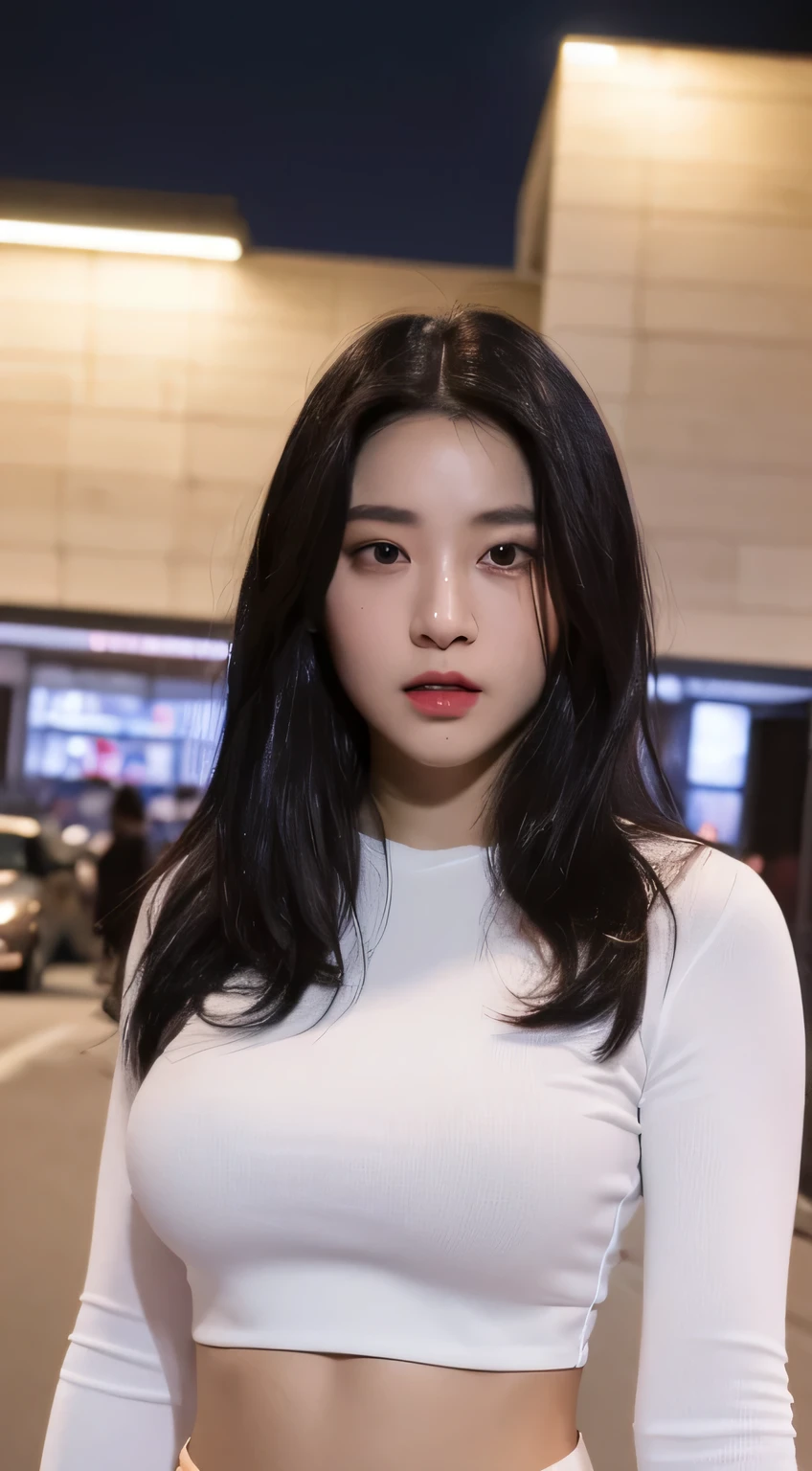 ((Realistic lighting, Best quality, 8K, Masterpiece: 1.3)), Clear focus: 1.2, 1girl, Perfect Figure: 1.4, Slim Abs: 1.1, ((long black hair)), (White crop top: 1.4), (Outdoor, Night: 1.1), City streets, Super fine face, Fine eyes, black mini skirt, red gloves, red eyes (large breasts:1.4)