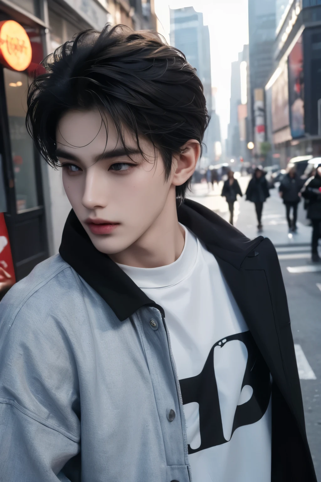 ((highest quality, 8K, masterpiece: 1.3)), New York City、Handsome boy in street fashion:1.5, 20-year-old、Delinquent boy、 well-groomed face, black hair color、thin face、(white skin:1.5)、whole body、black eyes、boy with makeup、Super handsome、sexy eyes、Extra-fine face, handsome nose, small eyes and face, beautiful lighting, High resolution, detailed mouth, laughing out loud, whole body: 1.5, perfect body shape、super slim,medium hair、STUSSY clothes、silver accessories、Oversized clothes、