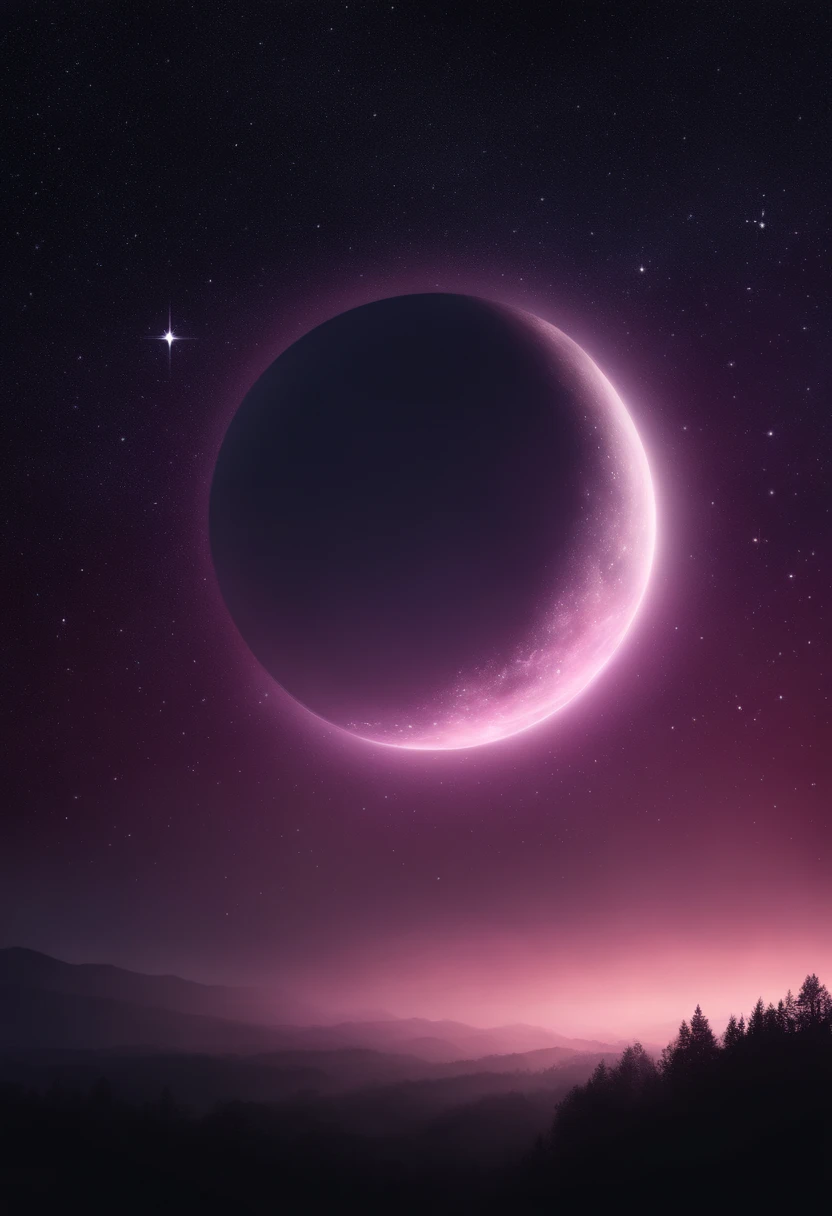 ((HG)), A captivating ((photorealistic image)) of a ((dreamy night sky)) featuring ((a fulmoon)) and an array of twinkling stars. ((Galaxy)), creating a sense of depth and fantasy. ((soft dreamy ethereal atmosphere.)) This stunning 3D render, showcasing an aesthetic blend of cosmic and dreamy elements, calm pink and purple tone,