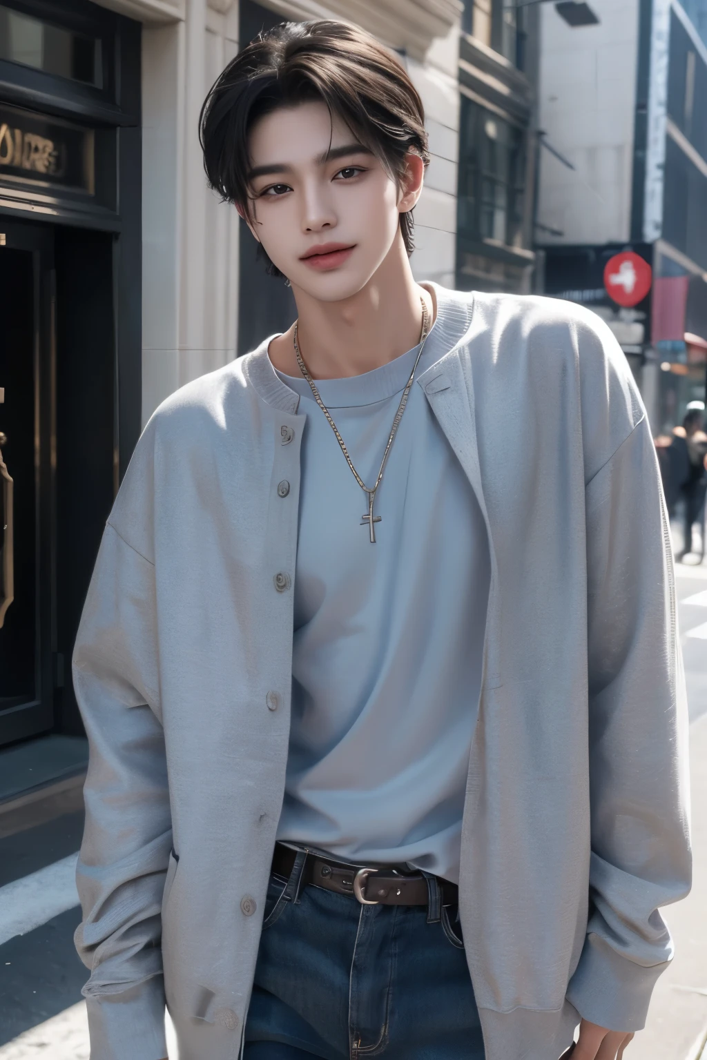 ((highest quality, 8K, masterpiece: 1.3)), New York City、Handsome boy in street fashion:1.5, 20-year-old、Delinquent boy、 well-groomed face, black hair color、thin face、（white skin:1.5）、whole body、black eyes、boy with makeup、Super handsome、sexy eyes、Extra-fine face, handsome nose, small eyes and face, beautiful lighting, High resolution, detailed mouth, laughing out loud, Laughter、Delighted、whole body: 1.5, perfect body shape、super slim，medium hair、STUSSY clothes、silver accessories、Oversized clothes、same clothes