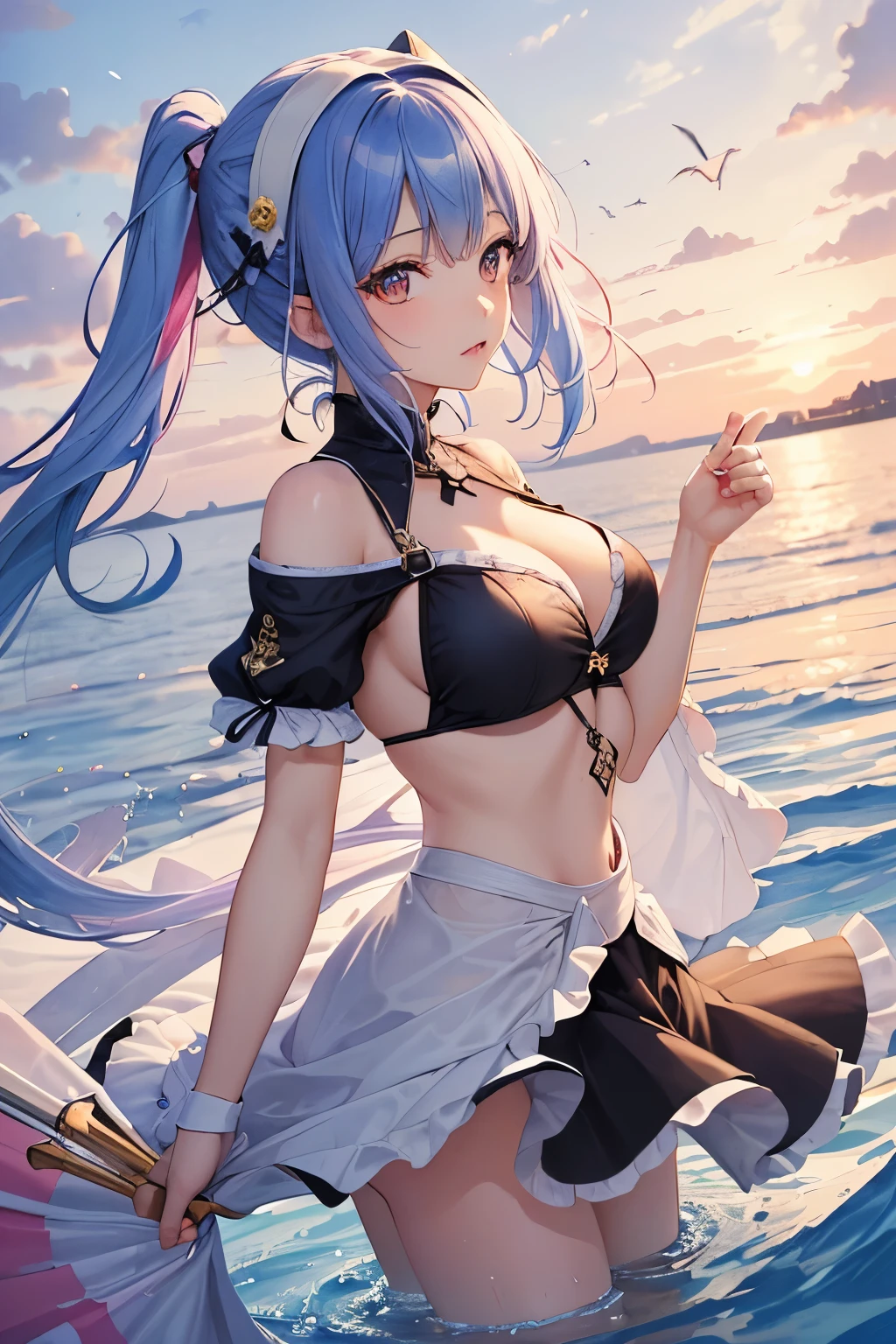 (masterpiece, top quality, best quality,watercolor (medium),official art, beautiful and aesthetic:1.2),(1girl:1.3), (fractal art:1.3), from side, looking at viewer,patterns,(rainbow color Hair,colorful hair,half blue and half pink hair:1.2),water,liquid, cloud,colorful, starry,stars, nude