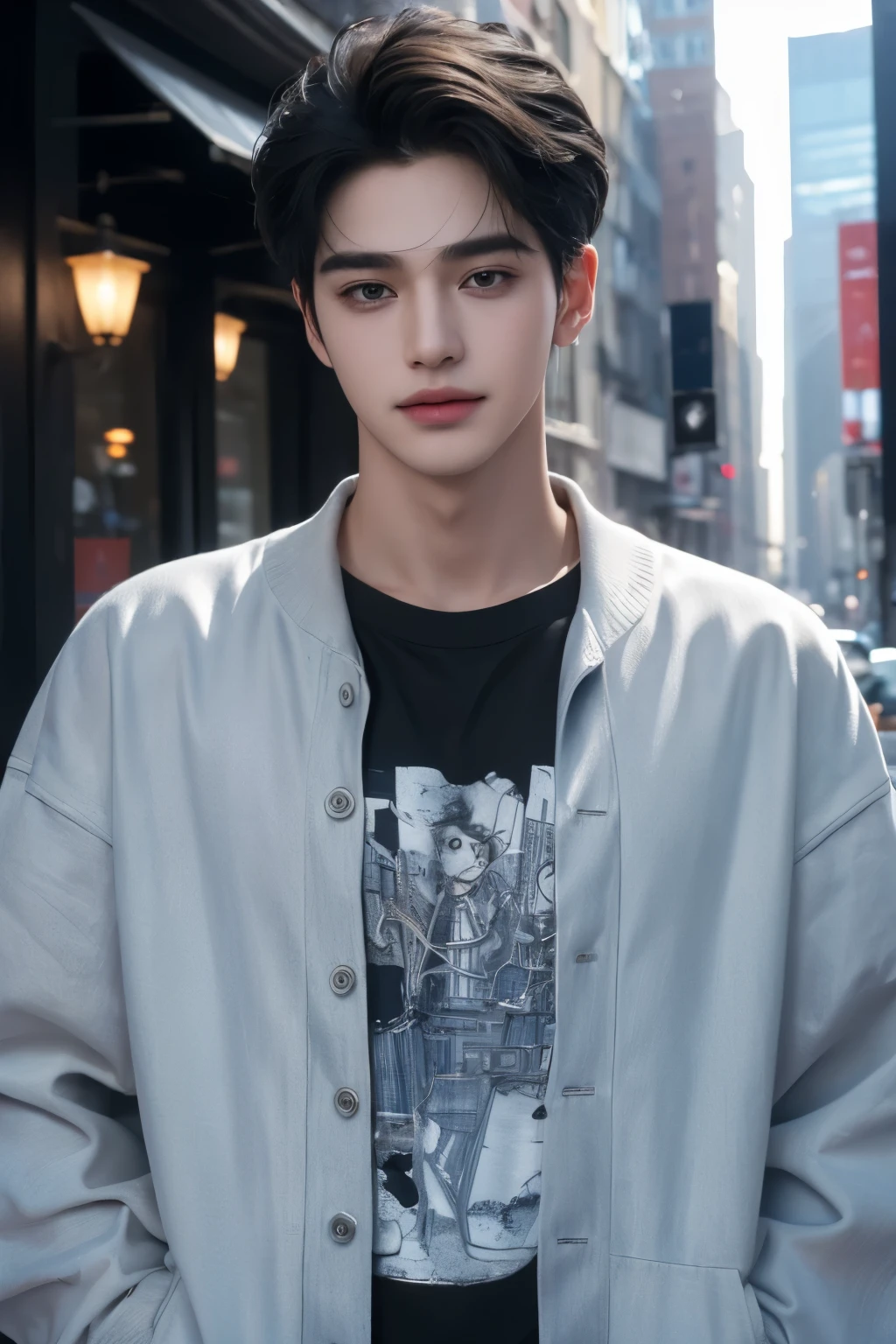 ((highest quality, 8K, masterpiece: 1.3)), New York City、Handsome boy in street fashion:1.5, 20-year-old、Delinquent boy、 well-groomed face, black hair color、thin face、(white skin:1.5)、whole body、black eyes、boy with makeup、Super handsome、sexy eyes、Extra-fine face, handsome nose, small eyes and face, beautiful lighting, High resolution, detailed mouth, laughing out loud, Laughter、Delighted、whole body: 1.5, perfect body shape、super slim,medium hair、STUSSY clothes、silver accessories、Oversized clothes、same clothes