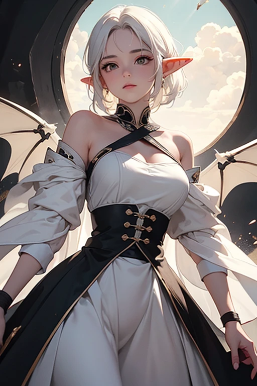 ((best quality)), ((masterpiece)), (detailed), 1girl, Character design, female, dynamic poses, long white grey hair, grey white eyes, very skinny, detailed, best quality, no accesoires around the neck, no shoes, prominent collarbones, skinny arms, flat stomach, visible hip bones, full body, blank white background, plain background, white background, red and white clothing, Bloodborne inspired, occult aesthetic, occult, detailed and intricate steampunk and detailed gothic, NSFW, Very dramatic and cinematic lighting, cosmic horror, grim-dark, side-lighting, perfect face, NSFW, Fluttering lace flared long knee length dress with frilly petticoats, knee length dress, pleated petticoats, petticoats gothic, complex lace boots, side-lighting, gothic aesthetic, wielding a mighty sword with mechanical components, mandalas, small breasts, a fairy, various different types of insect wings, NSFW, full body, whole body, body, plain background, white background, blank background, no background, white background NSFW, chains, full body, whole body, head-to-toe NSFW
