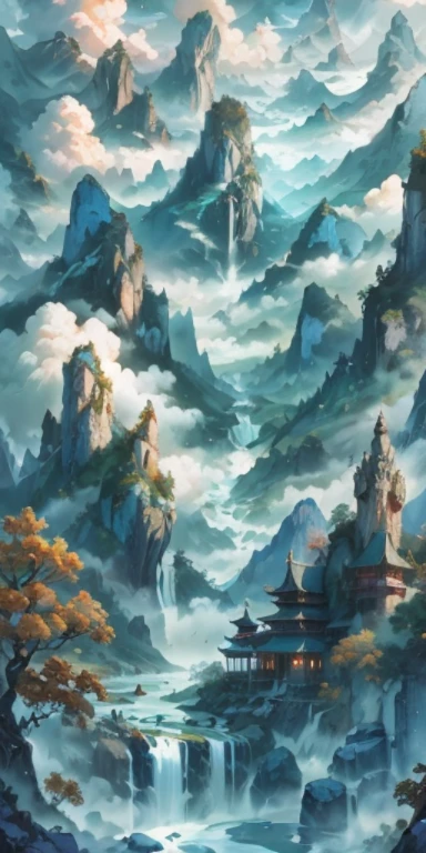 “((master paintings)),high quality,super detailed,A majestic ancient city in the mountains,surrounded by clouds,dense teeth,immortal,peach blossom,stunning lighting effects,A wonder of pure natural beauty。”