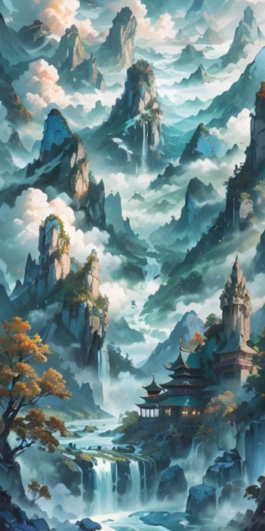 “((master paintings)),high quality,super detailed,A majestic ancient city in the mountains,surrounded by clouds,dense teeth,immortal,peach blossom,stunning lighting effects,A wonder of pure natural beauty。”