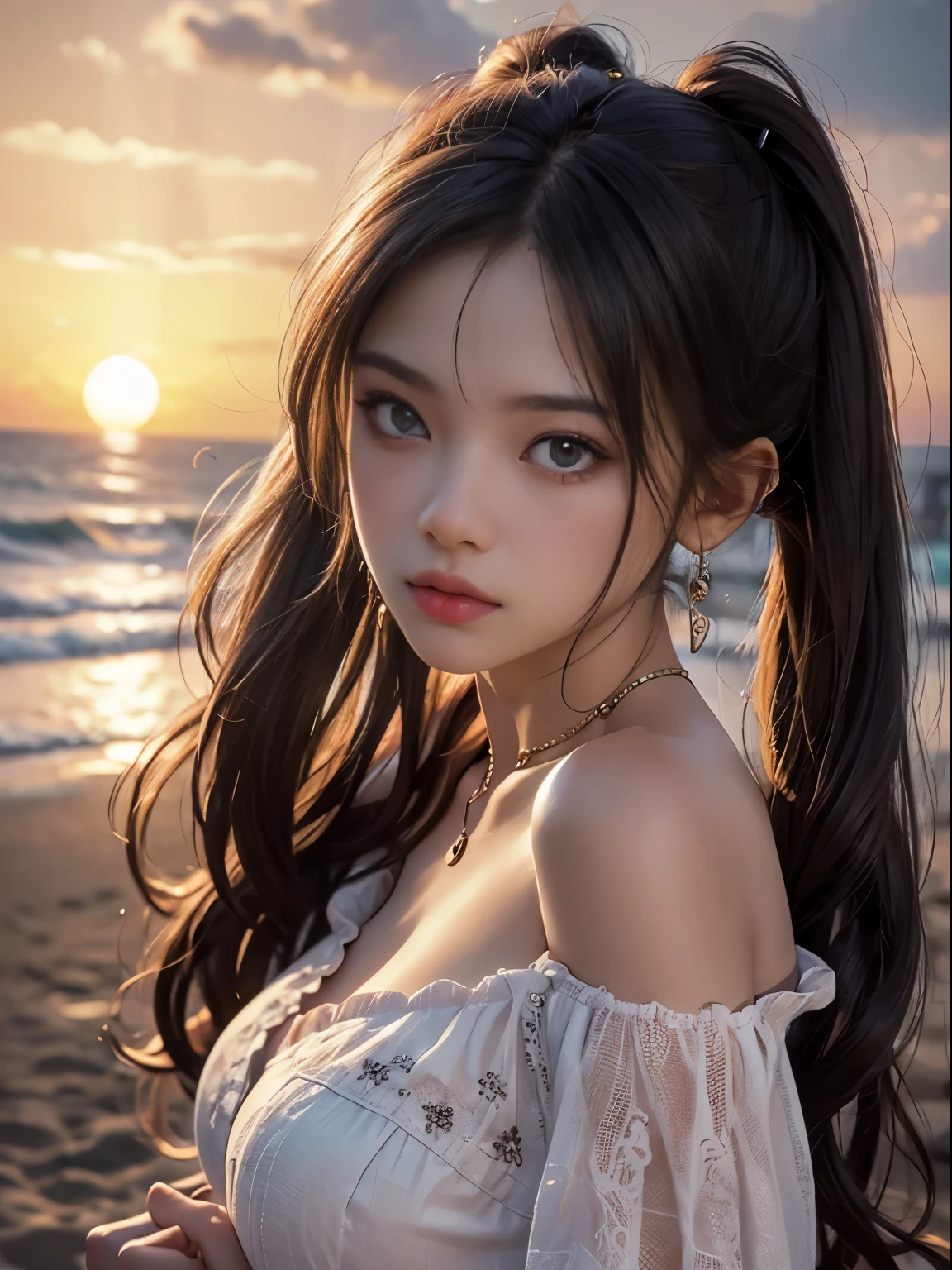 masterpiece、((1 girl))、(twin tails,Brunette hair:1.2)、(Amazing detailed face and eyes,pink eyes,clear eyes)、((amazingly beautiful girl))、艶のあるBrunette hair、tunic,off shoulder、((highest quality)), (Super detailed), (very detailed8k 生写真:1.5)、(very detailed,High resolution raw color photos,professional photography,(((Bokeh))),Depth of the bounds written)、beach,white sand beach、(((twilight,sunset,magic hour)))、(Shrug your shoulders,Look at the viewer with a dazed expression)、