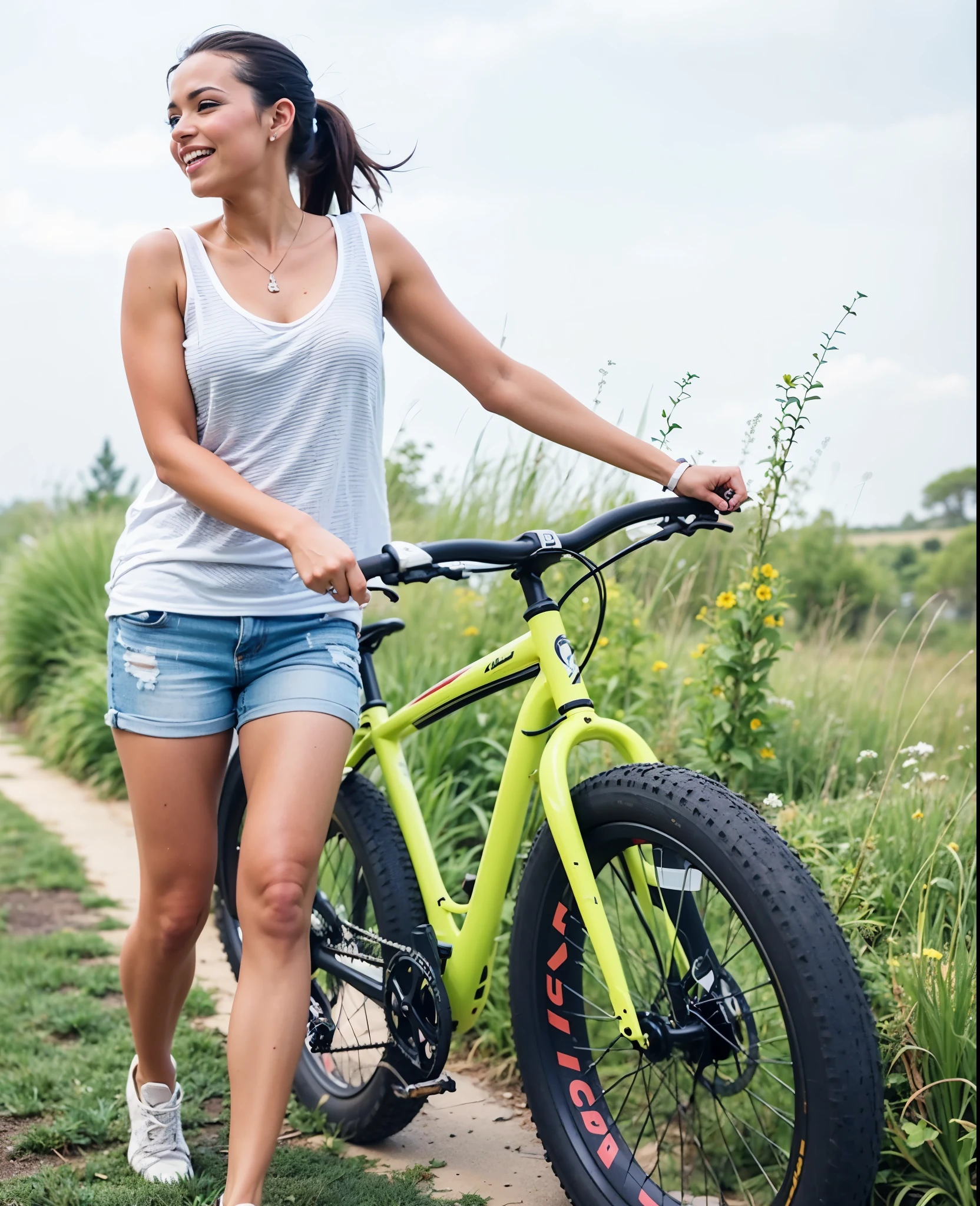araffe woman walking with a bicicleta on a dirt path, ao ar livre, foto de uma motociclista, Cavalgando a bike, bicicleta, 🚿🗝📝, roupas esportivas, lazer, ciclismo!!, baixa estatura, bicicleta in background, bicicletas, Cavalgando, se divertindo, mulher baixa e robusta, se divertindo, DST, roupas esportivas, cool appearance
