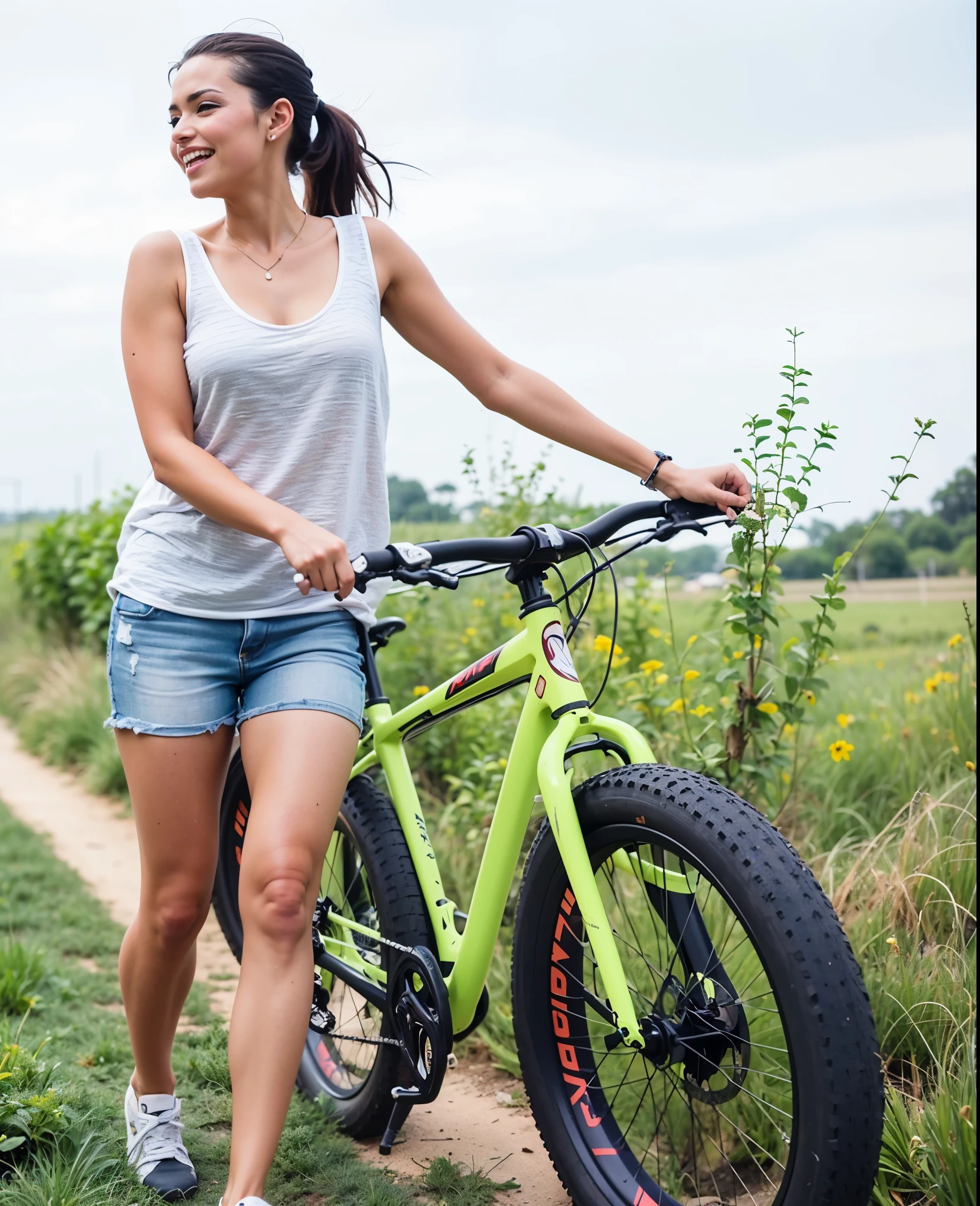 araffe woman walking with a bicicleta on a dirt path, ao ar livre, foto de uma motociclista, Cavalgando a bike, bicicleta, 🚿🗝📝, roupas esportivas, lazer, ciclismo!!, baixa estatura, bicicleta in background, bicicletas, Cavalgando, se divertindo, mulher baixa e robusta, se divertindo, DST, roupas esportivas, cool appearance