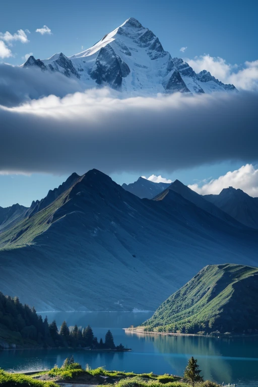 (blue theme:1.3), scenery, tree, water, architecture, mountain, cloud, bird, nature, masterpiece, best qualitylandscape