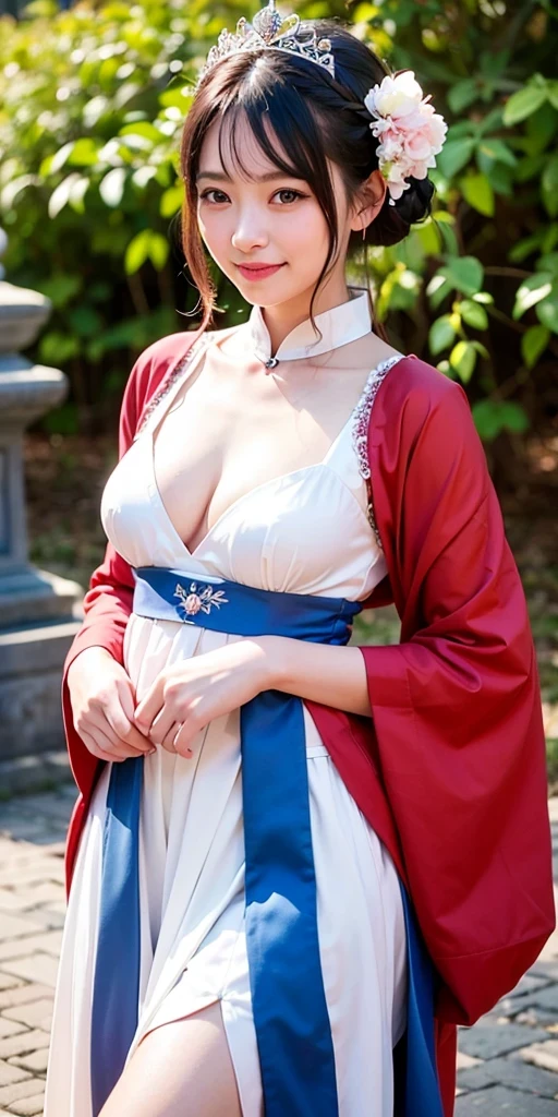 A woman in a red and white dress with flowers in her hair, Hanfu, palace, girl in Hanfu, blue Hanfu, white Hanfu, ancient chinese costumeを着て, ((beautiful fantasy queen)), ancient chinese princess, Chinese style, traditional chinese costume, ancient chinese costume, beautiful fantasy queen, chinese princess, traditional beauty,smile,, (8K, Raw photo, highest quality, masterpiece:1.2),(realistic, photo-realistic:1.37),whole body、highest quality, Photoreal, finely, High resolution, 8k wallpaper, perfect dynamic composition, detailed and beautiful eyes, medium hair, big and full breasts, sexy pose,、smile、30 years old、(droopy eyes 1.4)、beauty、smile、whole bodyの姿、hair tied up、smile、bushy pubic hair、Squirting、sexy pose、smile、sex、whole body