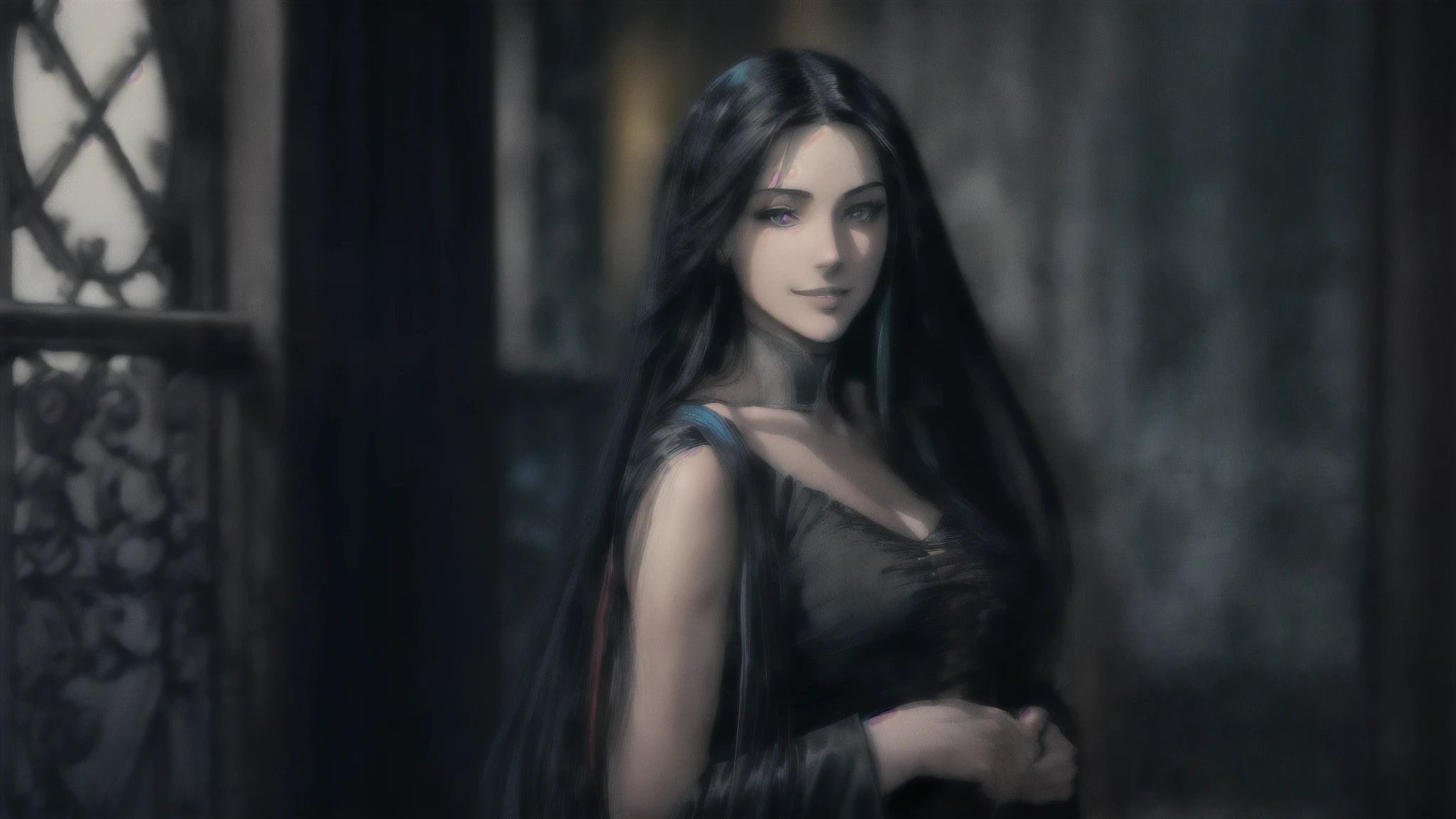 ((((beatiful sexy female))), tall white girl, 25 years old (((mature))), soft skin, beatiful blue eyes, (((extreme long BLACK hair))), black elegant dress, (((solo 1 girl))), beatiful blue eyes, standing, seductive expression, dark space background, photorealistic, beatiful woman, big, (((gentle smile))), (((black sexy coat))), (((SEXY))), background old castle in fantasy world, (((no hands))) (((comic style))) (((strong colors))), natural lighting, beatiful lighting, (((comic style))) (((SEXY)))