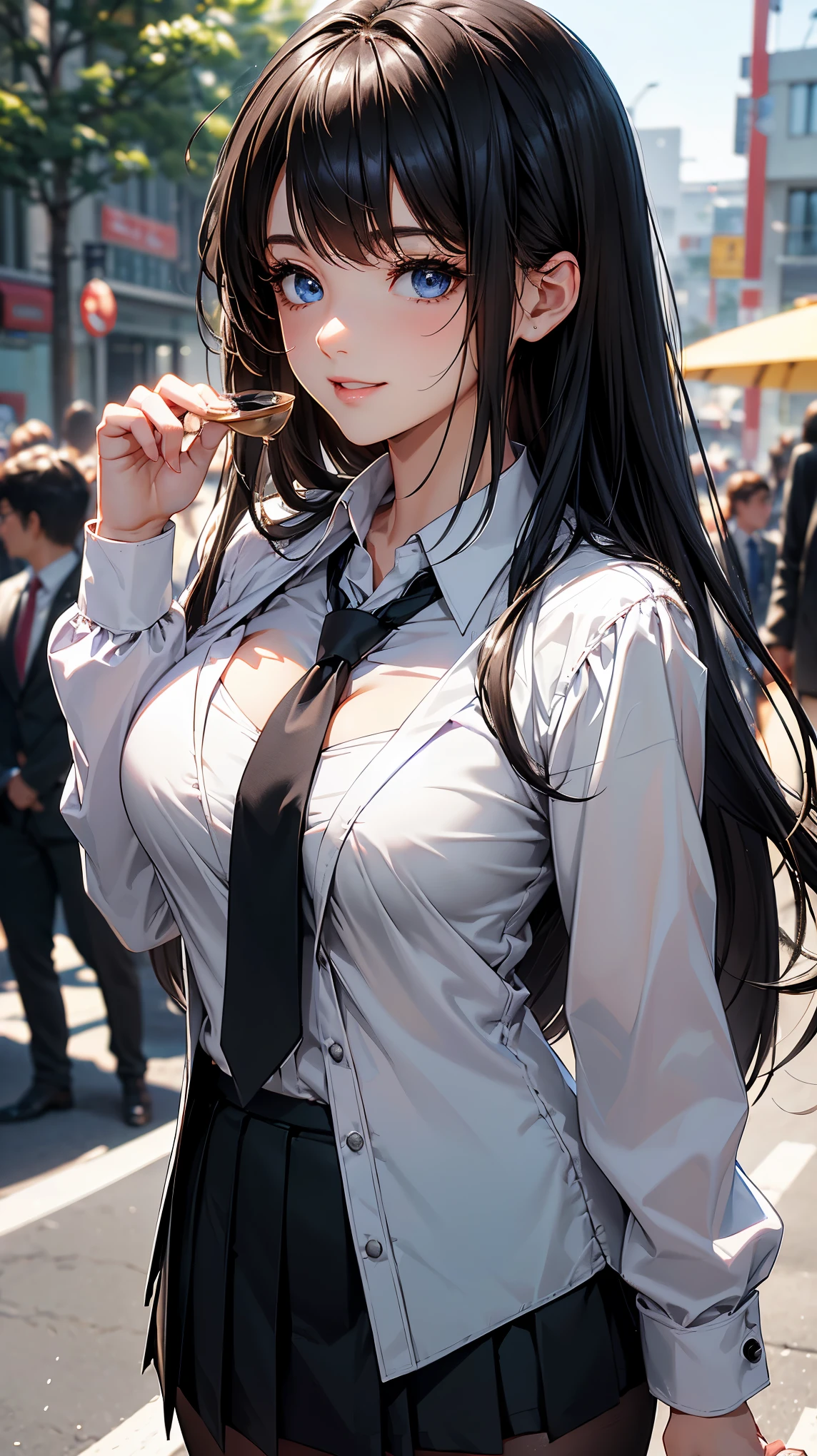 (best quality:1.3), (Complete details:1.5) , (Eye details:1.2), (Shadow details:1.2), (sharpness:4k), one young woman, College Girl, Very big breasts, Cup Bust:H, Student uniform, black short skirt, white shirt, Revealing the chest groove, bright blue eyes, sparkling eyes, brownish black hair, walking street background, wave hello, Smiling slightly, shy, long hair, cute, beautiful, Look at the audience., necktie, Black suit shirt, (Perfect hand detail:1.5), (brightness:1.3), (Masterpiece:1.5)