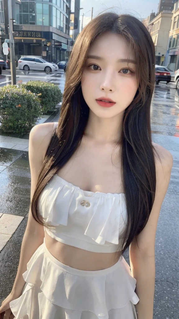 ((best quality, 8K, masterpiece: 1.3)), focus: 1.2, perfect body beautiful: 1.4, buttocks: 1.2, ((layered hairstyle, flat chest: 1.2)), (rain, street:1.3), tube top dress: 1.1, Highly detailed facial and skin textures, narrow eyes, double eyelids, skin whitens, long hair, (shut up: 1.3), whole body