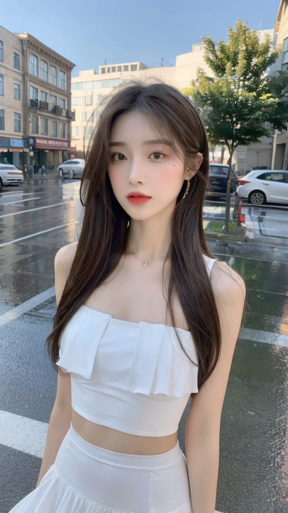 ((best quality, 8K, masterpiece: 1.3)), focus: 1.2, perfect body beautiful: 1.4, ????????: 1.2, ((layered hairstyle, flat ?????: 1.2)), (rain, street:1.3), tube top dress: 1.1, Highly detailed facial and skin textures, narrow eyes, double eyelids, skin whitens, long hair, (shut up: 1.3), whole body