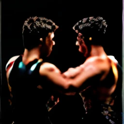 Draw a picture of two guys fighting and one is lifting the other by the neck