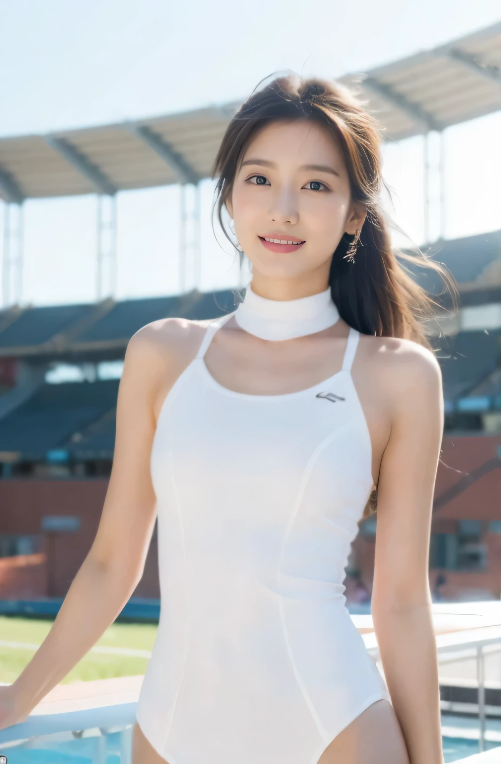 (on the table, best quality, realistically, super detailed, meticulous, High resolution, 8k wallpaper), Close-up portrait of a beautiful woman, like, Smile, light brown messy hair, Perfect dynamic composition, beautiful meticulous eyes, Just like the cover of a fashion magazine, on campus