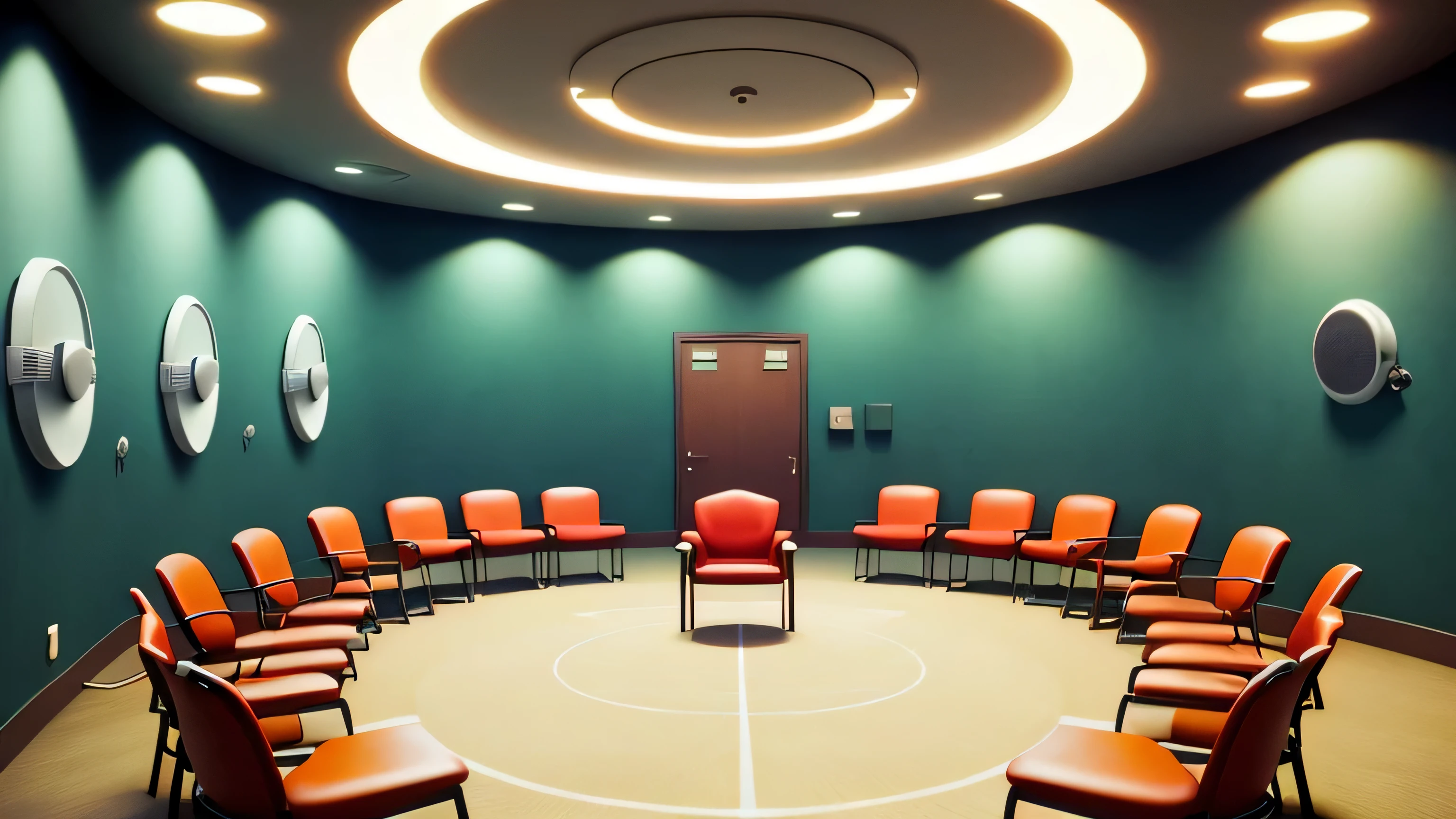 Group therapy room, (((without windows))), ((chairs arranged in a circle)), ((security cameras)), walls decorated with inspirational motifs, interior background art, closed and scary place, lamp lighting, anime scene concept art, pattern Studio Ghibli