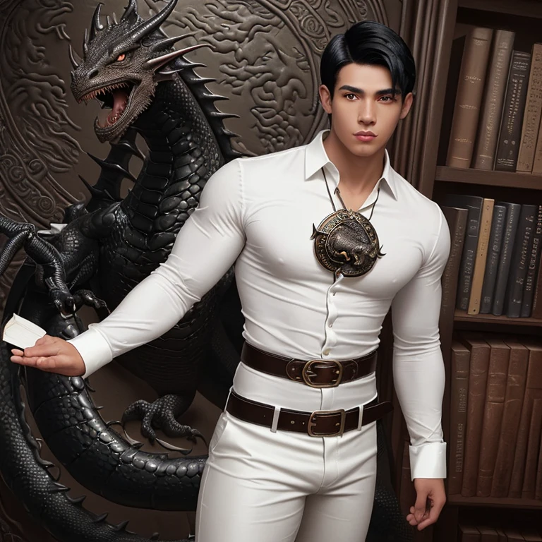 A boy with black hair, Latin skin, muscular complexion, white shirt with long sleeves with dragon print, black latex pants, brown leather belt, dragon buckle, dragon medallions, magic library background, looking straight at the viewer 