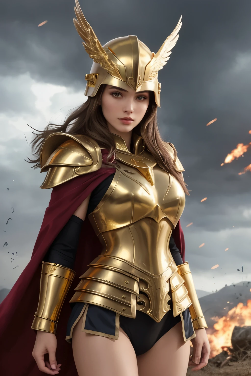 ((Best quality at best)), ((tmasterpiece)), (Detailed pubic hair), s the perfect face,She has a goddess-like face, delicate skin, perfect figure, rich details, gold helmet, silver armor, and gold-plated aegis, just like a female warrior; purple-red cloak, golden eagle-wing helmet, majestic, battle scenes, Kill enemies on the battlefield, magic, violent storms