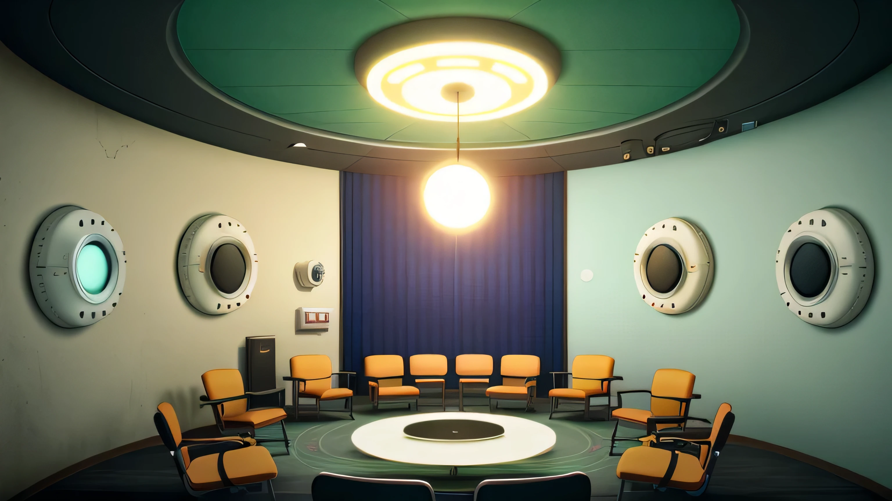 Group therapy room, (((without windows))), ((chairs arranged in a circle)), ((security cameras on the ceiling)), walls decorated with inspiring motifs, interior background art, closed and scary place, lamp lighting, anime scene concept art Studio Ghibli style