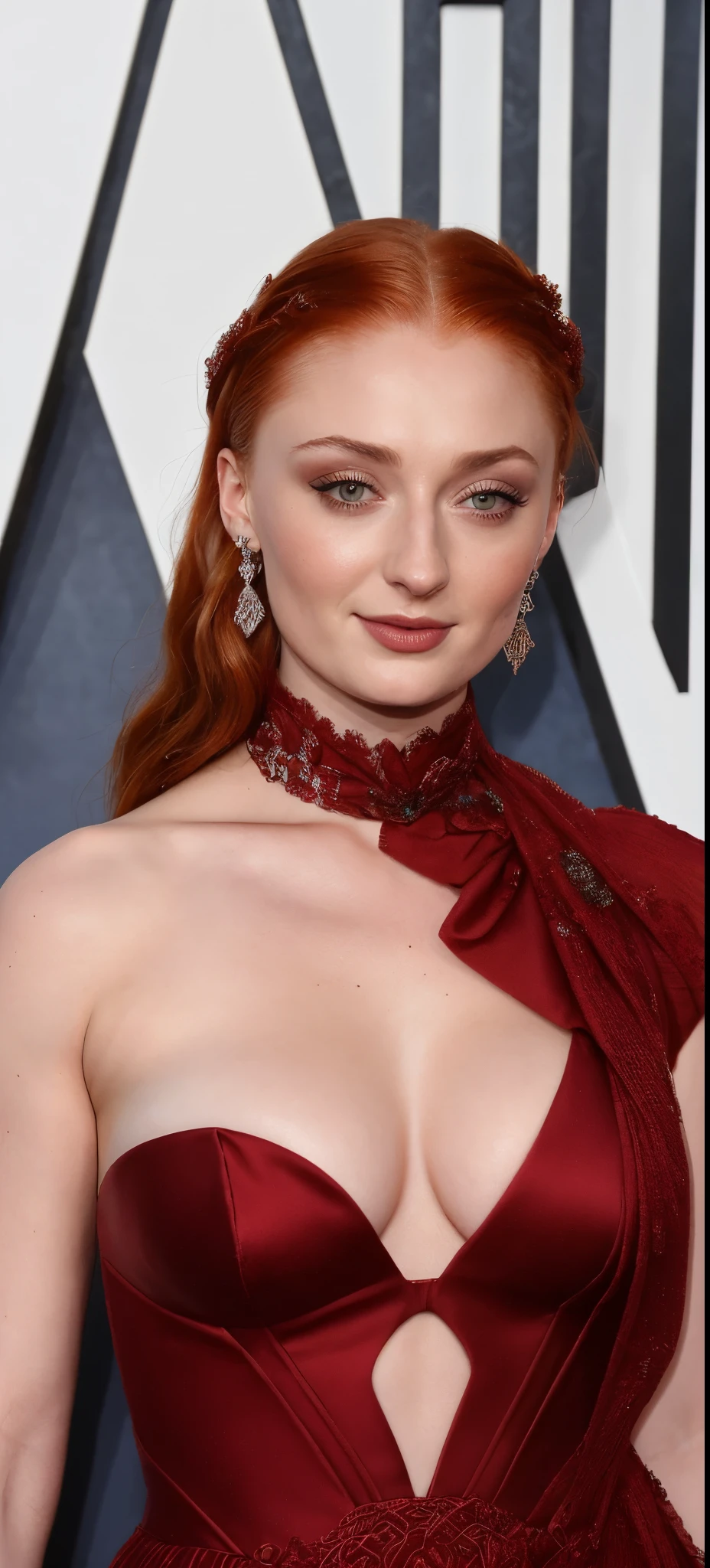 Face of Sophie Turner, Sansa Stark played by Sophie Turner, the de facto Lady of the Eyrie, is a 40-year-old mature queen with a stunning, alluring appearance. Full Face, pierced eyes, reddish lips, upper body shot, erotic Mediaeval costumes, game of thrones costumes, She wears a Game of Thrones-inspired costume and has a deep cleavage, a perfect thick body, and a perfect thick figure. The photograph captures her in a close-up, with her skin texture and facial features being ultra-realistic and realistic.