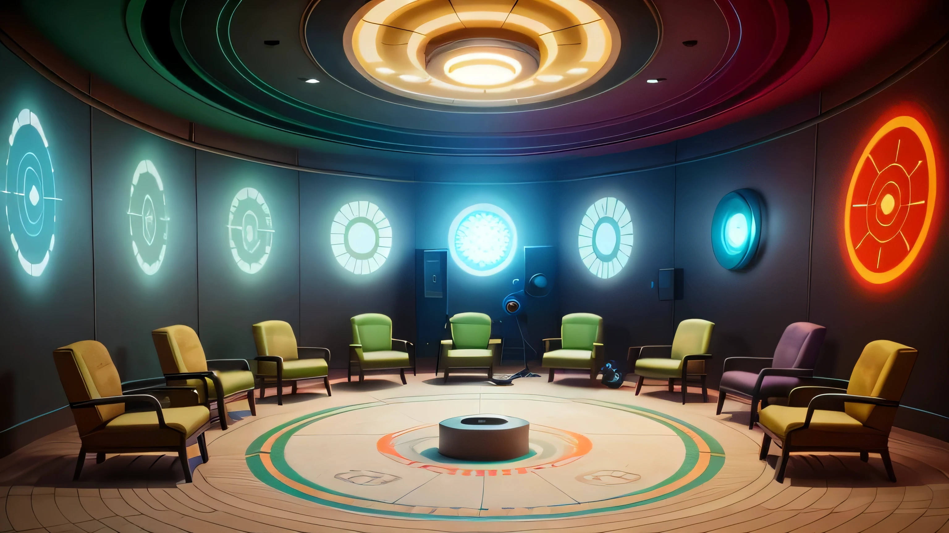 Group therapy room, (((without windows))), ((chairs arranged in a circle)), ((security cameras)), walls decorated with inspirational motifs, interior background art, closed and scary place, lamp lighting, anime scene concept art, pattern Studio Ghibli
