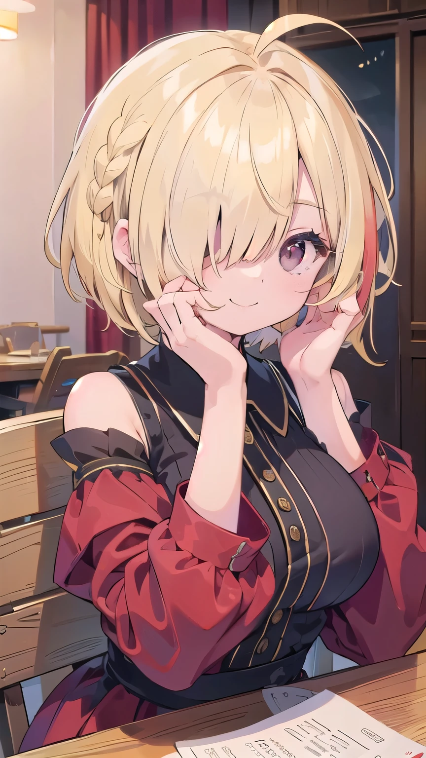 tits、smile、hands up, elbows on table, face palm、breasts close up, blonde ((((((hair over one eye)))))), Braid Styles, spiked hair, blunt bangs, bob hair, a braid, Ahoge red eyes, off shoulder, Red Rose Dress