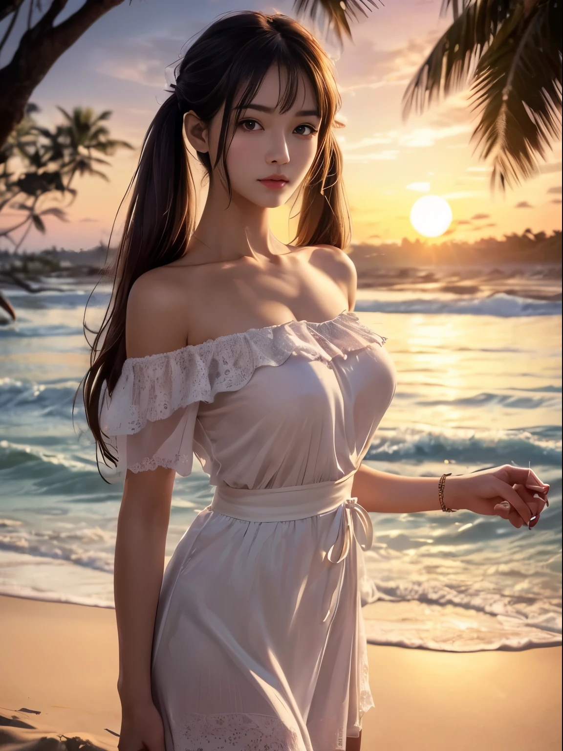 masterpiece、((1 girl))、(twin tails,Brunette hair:1.2)、(Amazing detailed face and eyes,pink eyes,clear eyes)、((amazingly beautiful girl))、艶のあるBrunette hair、tunic,off shoulder、((highest quality)), (Super detailed), (very detailed8k 生写真:1.5)、(very detailed,High resolution raw color photos,professional photography,(((Bokeh))),Depth of the bounds written)、beach,white sand beach、(((twilight,sunset,magic hour)))、(Shrug your shoulders,Look at the viewer with a dazed expression)、