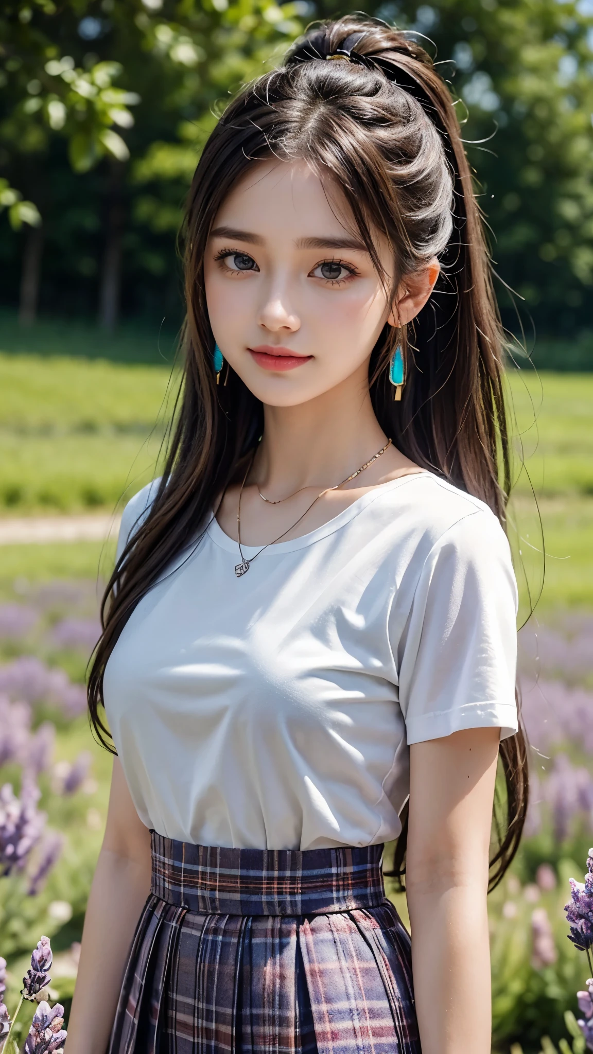 high detail，8K resolution，ultra high resolution，21 years beautiful Girl, mature girl, cute girl，The ponytail, long Hair，earrings，necklace，Colorful clear eyes，smooth hair，clavicle，Exquisite and perfect with the most beautiful facial features and big eyes，Long eyelashes，Sweet eyes and lying silkworms，(Smile)，field，dynamic angle，Ultimate picture quality，Standing in front of Lavender flowers field, ((Upper body shot))，Colorful plaid pleated skirt, ((rainbow Colorful T-shirt)), 