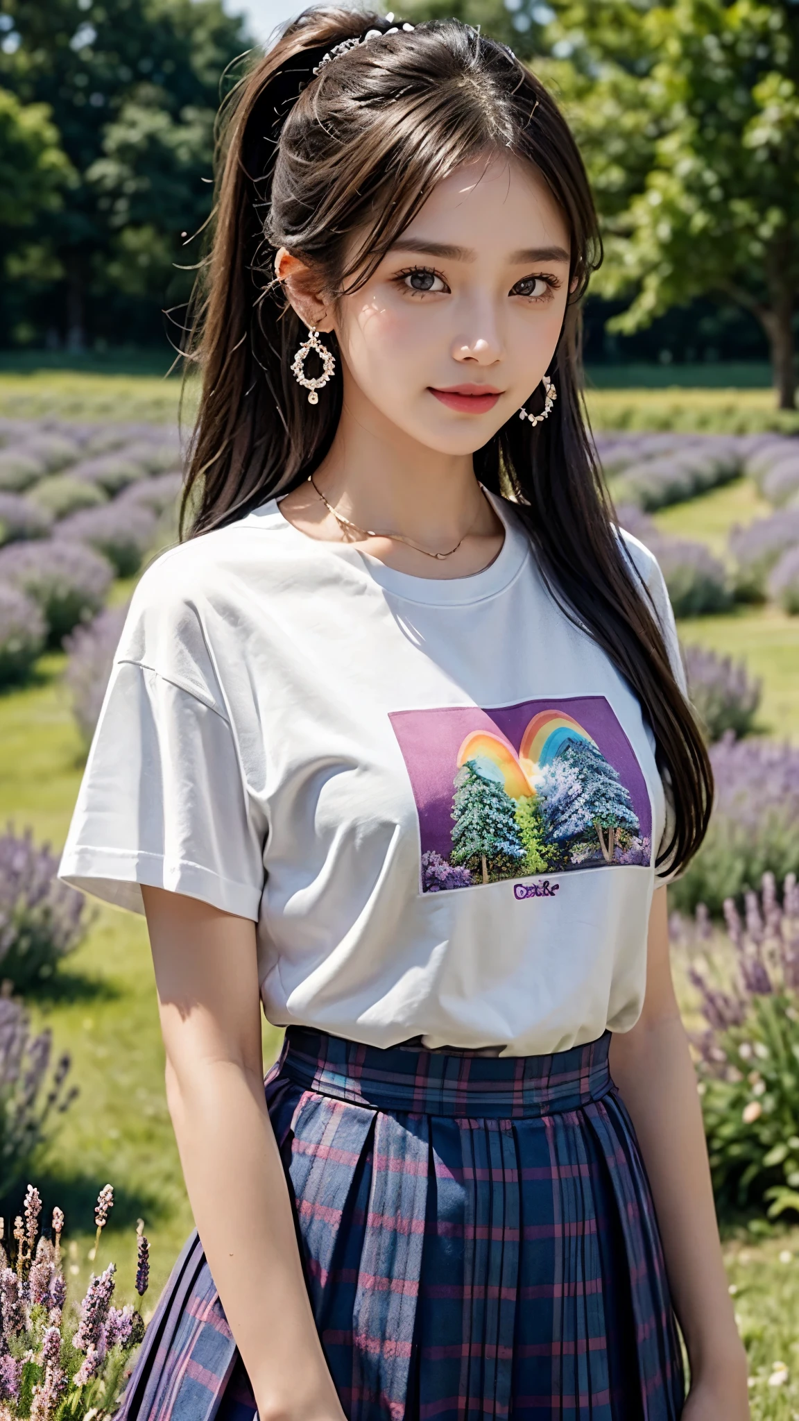 high detail,8K resolution,ultra high resolution,21 years beautiful Girl, mature girl, cute girl,The ponytail, long Hair,earrings,necklace,Colorful clear eyes,smooth hair,clavicle,Exquisite and perfect with the most beautiful facial features and big eyes,Long eyelashes,Sweet eyes and lying silkworms,(Smile),field,dynamic angle,Ultimate picture quality,Standing in front of Lavender flowers field, ((Upper body shot)),Colorful plaid pleated skirt, ((rainbow Colorful T-shirt)),
