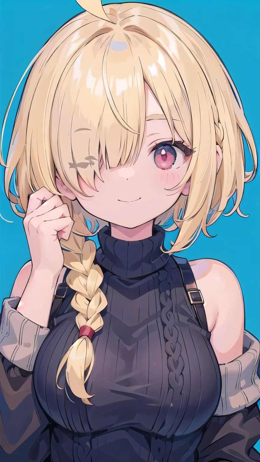 tits、smile、hands up, face palm、breasts close up, blonde ((((((hair over one eye)))))), Braid Styles, spiked hair, blunt bangs, bob hair, a braid, Ahoge red eyes, off shoulder, knit sweater