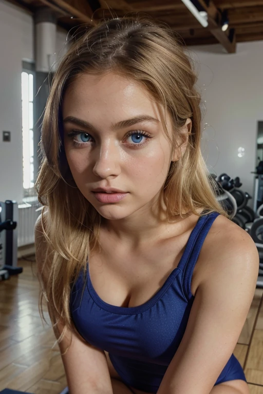 arafed woman fully , sexy girl with blue eyes, ultra realistic, meticulously detailed, portrait sophie mudd, blonde hair and large eyes, selfie of a young woman, gym eyes, violet myers, without makeup, natural makeup, looking directly at the camera, face with artgram, subtle makeup, stunning full body shot in the gym, in club, large size bust, in gym clothing, very light blonde hair