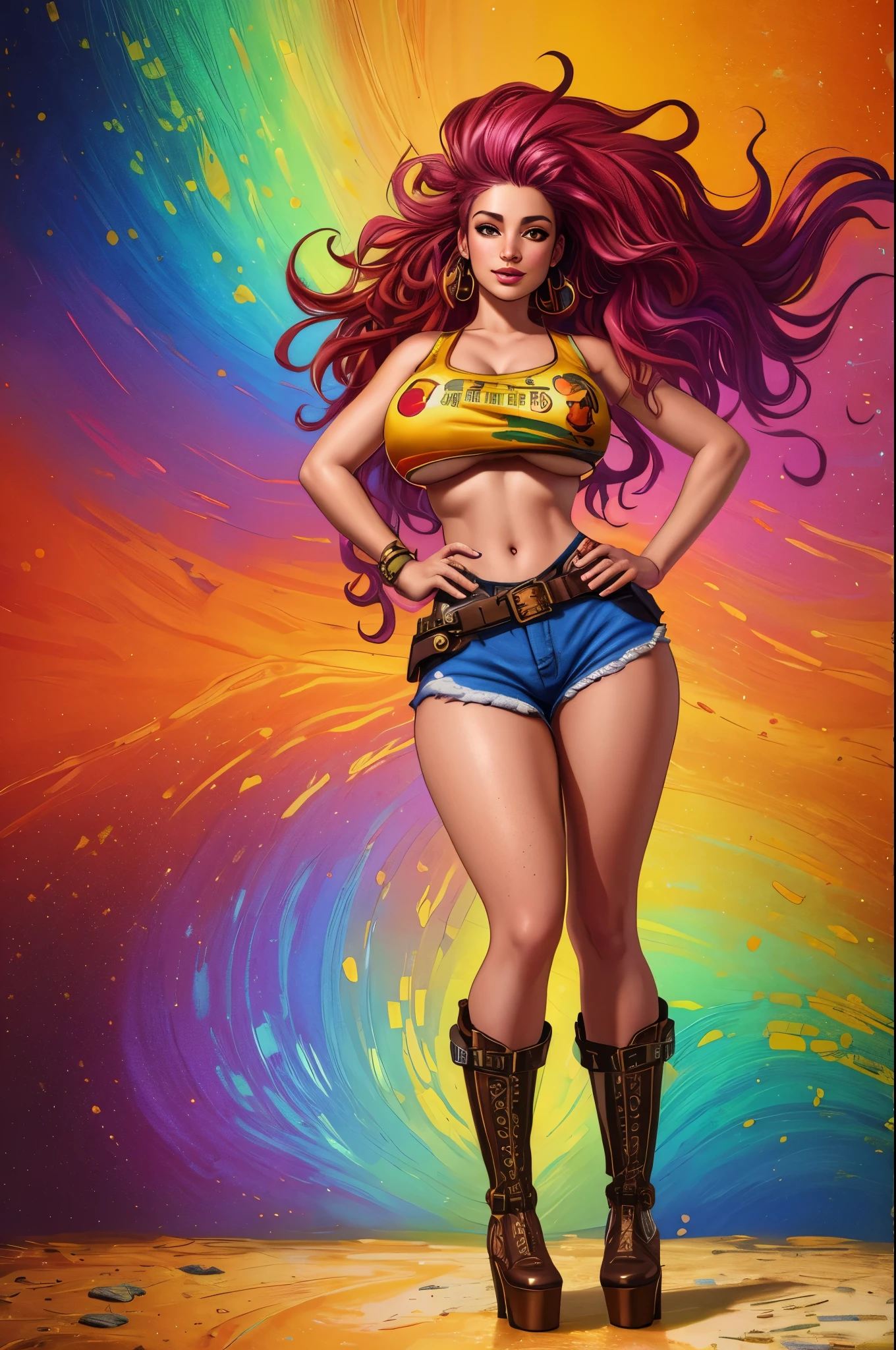 Colorful beautiful girl: a girl 28-years old, messy hair, oil painting, 8k resolution, complex, elegant, expansive, fantastical, wavy hair, vibrant, rainbow colours, tie dyed croptop, underboob, short skirt, gorgeous hair, full body shot, pretty face, high heels, engineer, freckles, steampunk, boots, seductive,