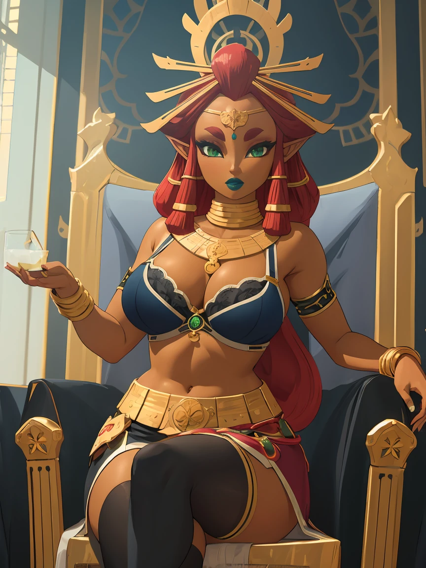 Big breasts, green eyes, dark blue lips, sitting on a throne, bra with straps, black stockings, Riju