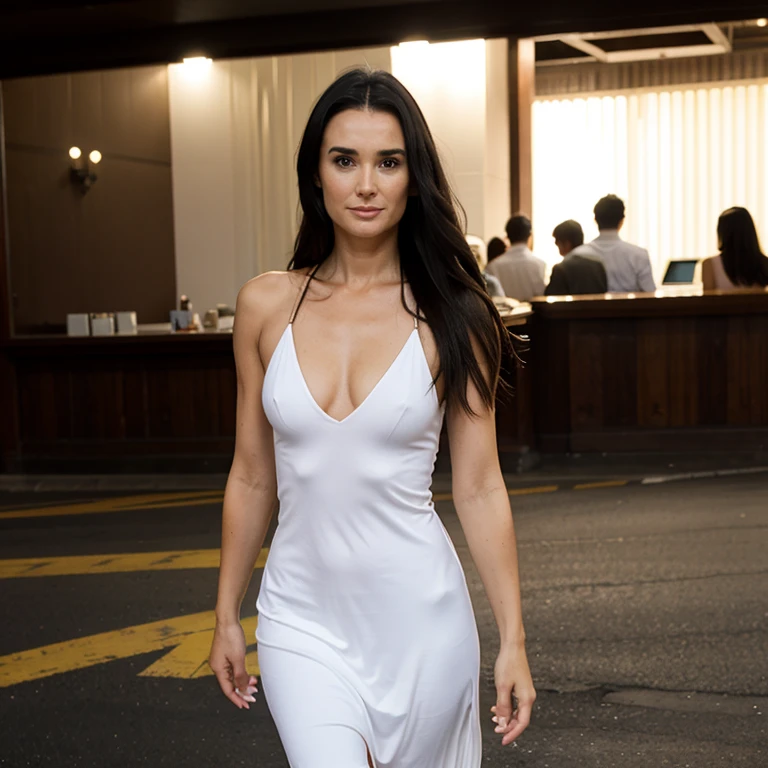 Demi Moore in long fitted fluorescent dress with V-neckline