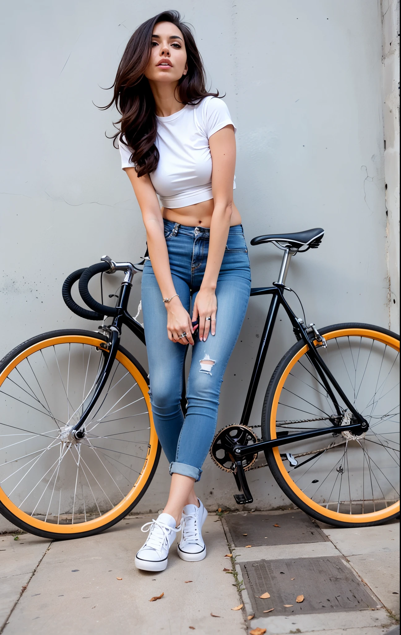 mulher arafa sentada em uma bicicleta encostada na parede, bicicleta, biCiclos, bicicleta in background, foto de modelo de garota magra, ciclismo!!, andar de bicicleta, moderno, Ciclos, foto de uma motociclista, cintura fina e quadris grossos, com grandes tubos cromados, anda de bicicleta, roupas casuais modernas, jovem infp, estilo legal, cool appearance