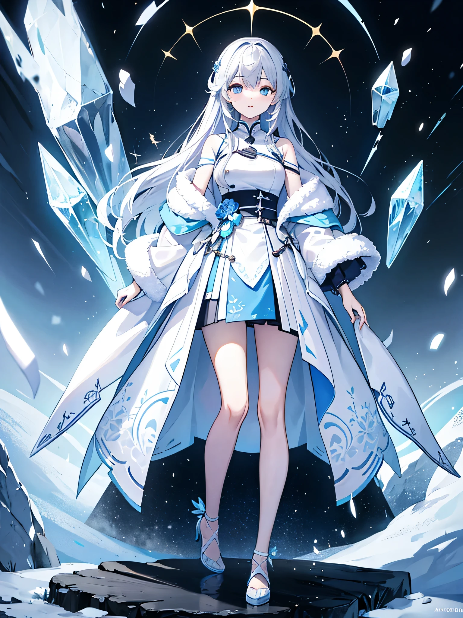 woman、gray hair、Crystal of snow、light blue、long hair、white clothes、fullbody、standing、front、beautiful