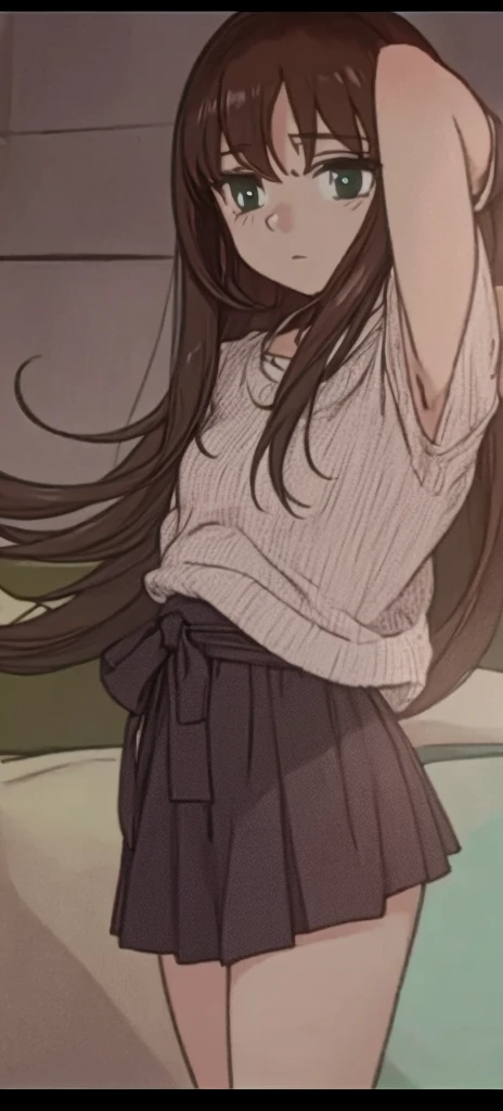 A beautiful woman with long hair is standing with a sad expression。