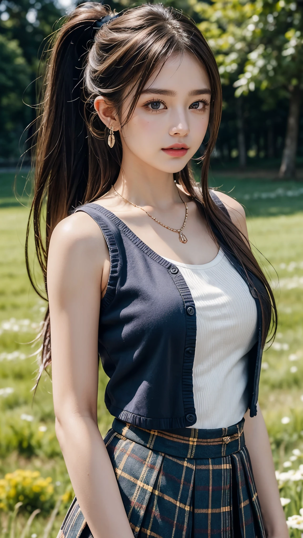 high detail，8K resolution，ultra high resolution，21 years beautiful Girl, mature girl, cute girl，The ponytail, long Hair，earrings，necklace，Colorful clear eyes，smooth hair，clavicle，Exquisite and perfect with the most beautiful facial features and big eyes，Long eyelashes，Sweet eyes and lying silkworms，(Smile)，field，dynamic angle，Ultimate picture quality，Precise and perfect human structure，((Upper body shot))，Colorful plaid pleated skirt, ((Colorful camisole vest)), 